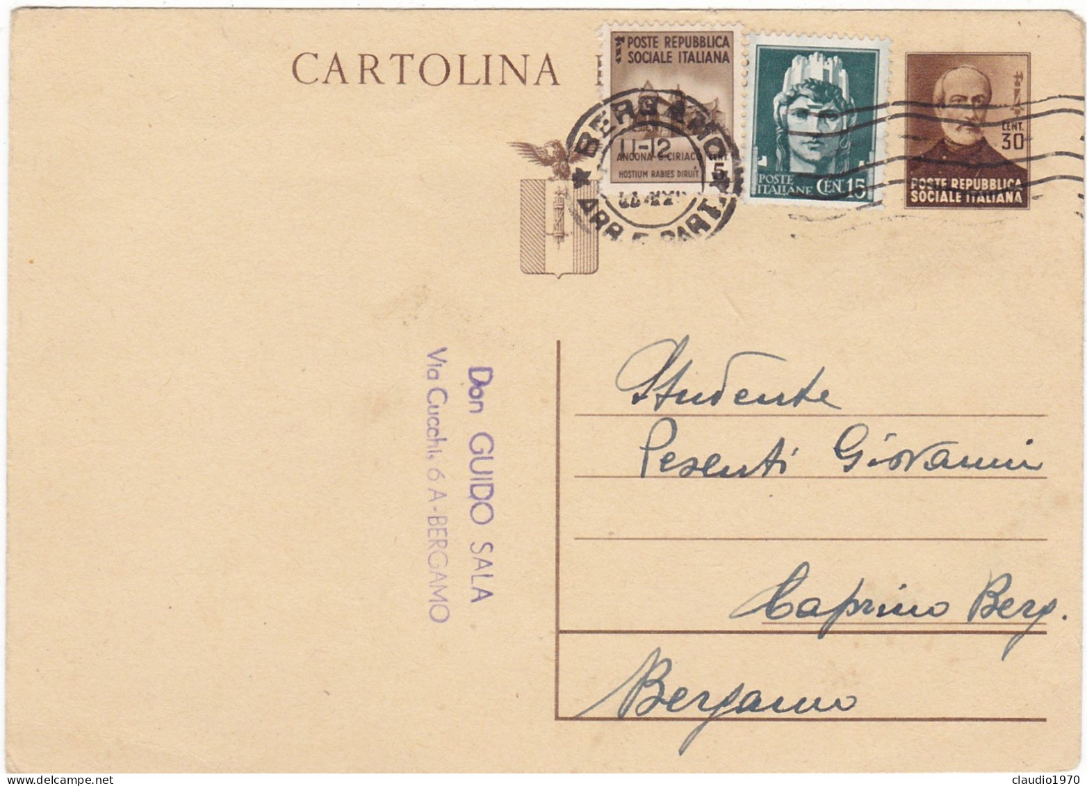 ITALIA - REPUBBLICA SOCIALE - BERGAMO - CARTOLINA POSTALE - C. 30 CON FR.LL - VIAGGIATA PER CAPRINO BERGAMASCO (BG) 1944 - Postwaardestukken