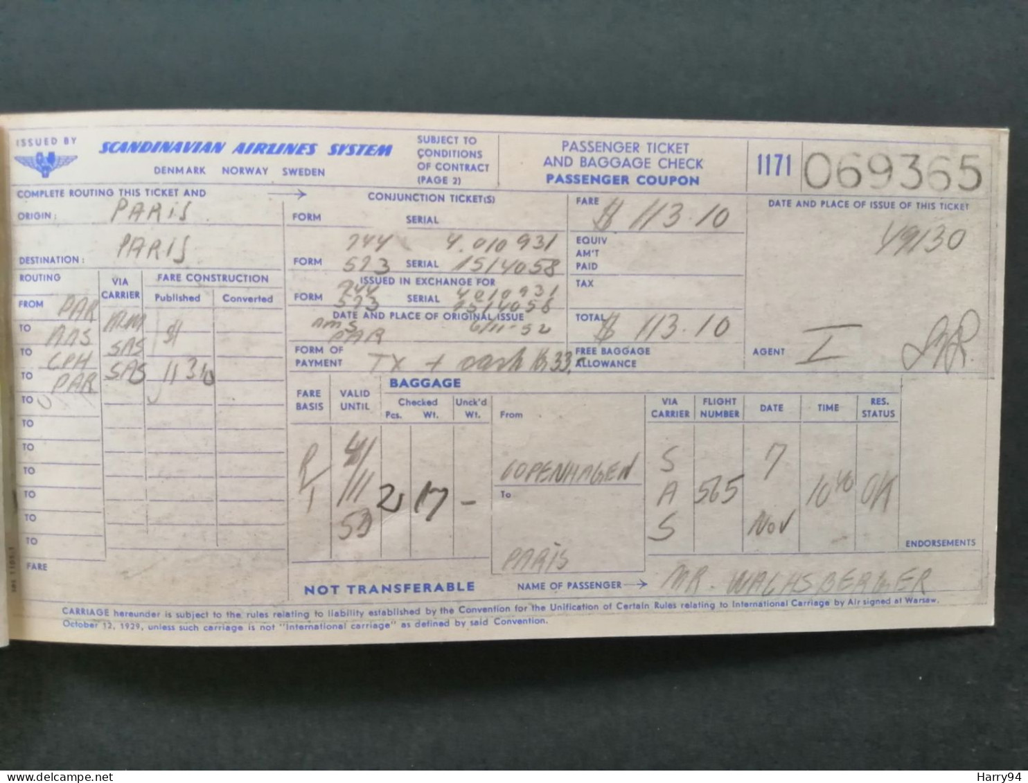 Ancien Billet D'avion De La Scandinavian Airlines Systèm ( SAS ) Copenhague - Paris 1952 - Europe