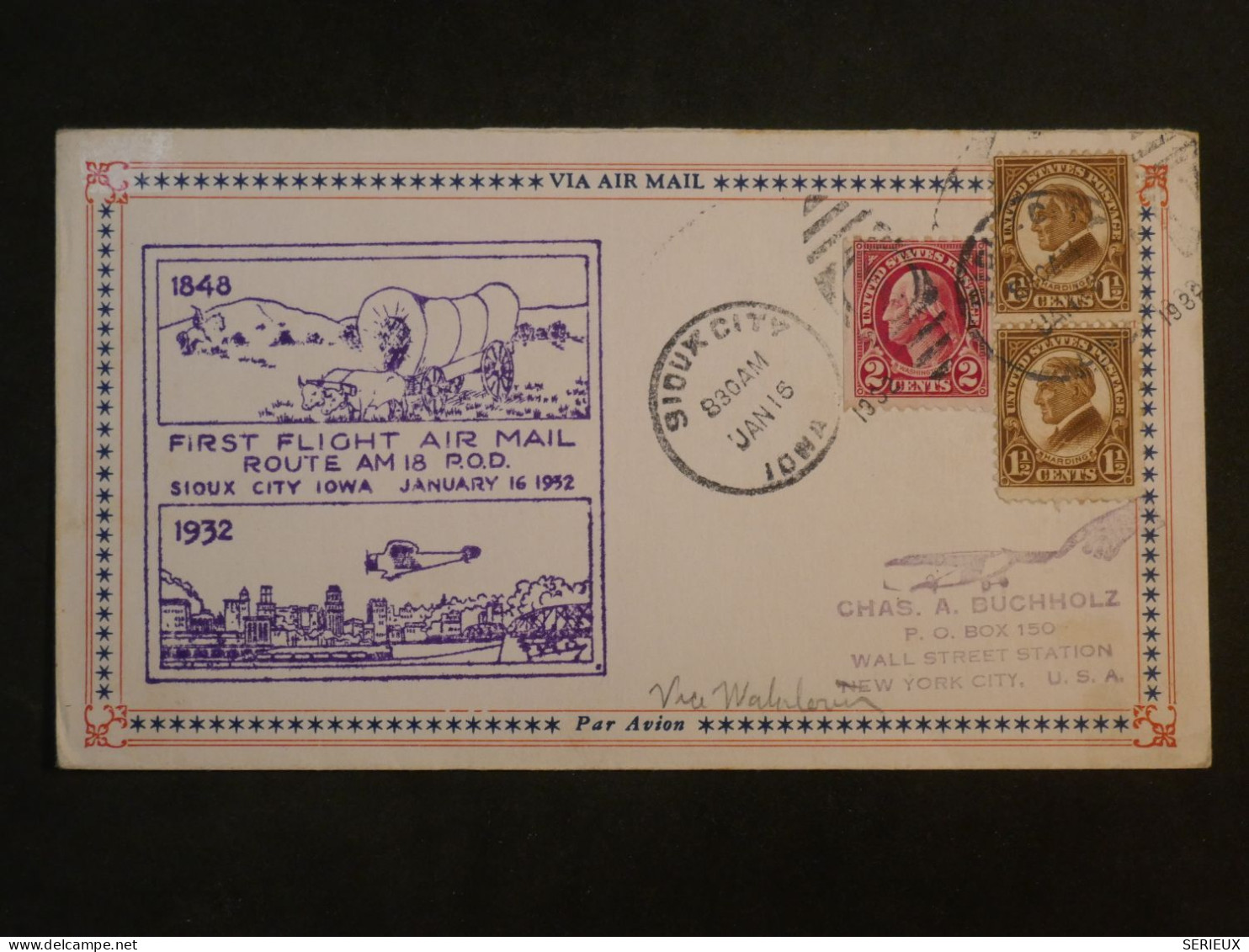 651 USA  BELLE LETTRE 1932  1ER VOL SCIOUX CITY A NEW YORK +AFF. INTERESSANT++ - 1a. 1918-1940 Afgestempeld