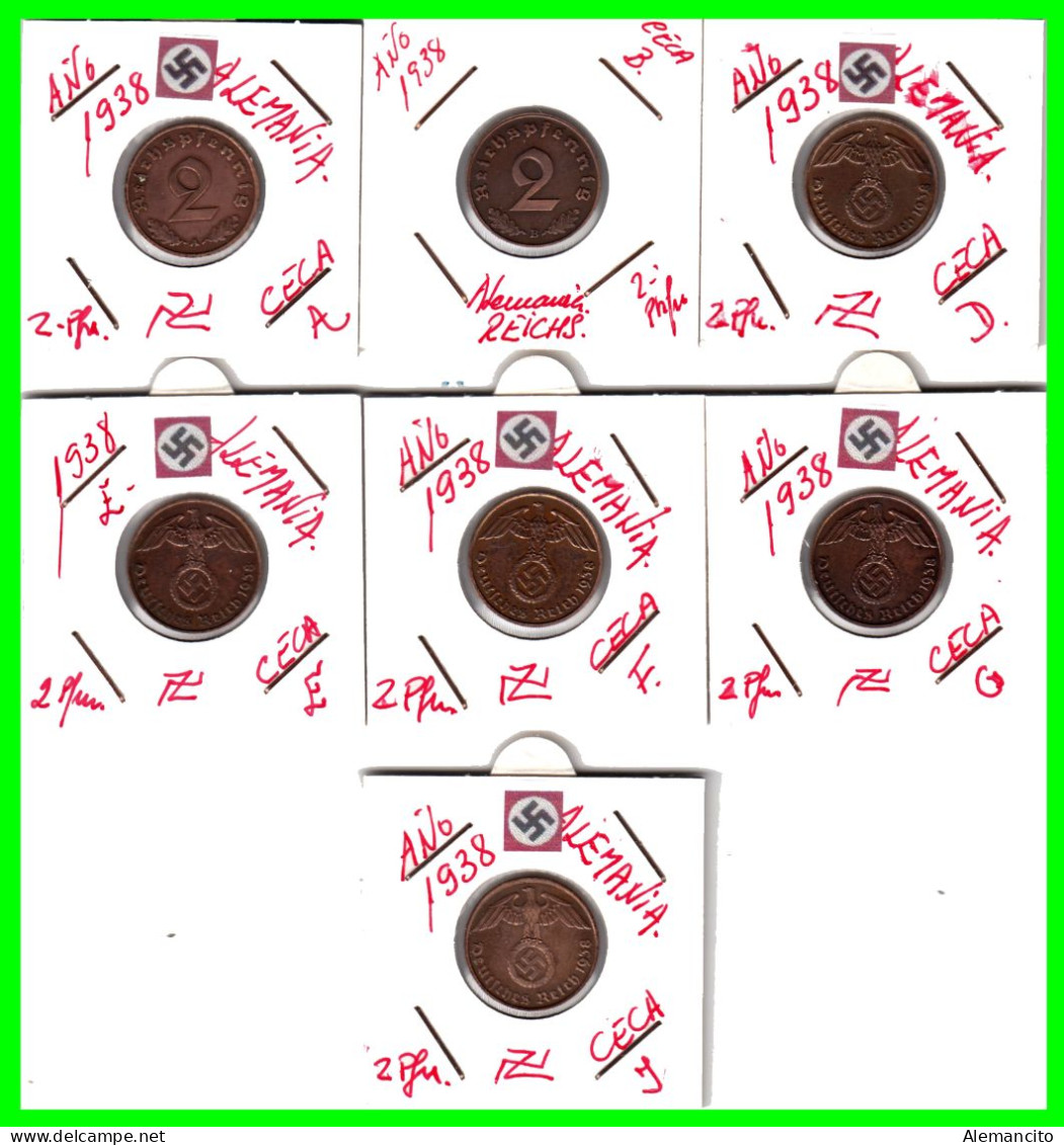 GERMANY - ALEMANIA DEUTFCHES REICH SERIE DE 7 MONEDAS DE 2 REICHSPFENNIG AÑO 1938 BRONCE 2ª GUERRA MUNDIAL - 2 Reichspfennig