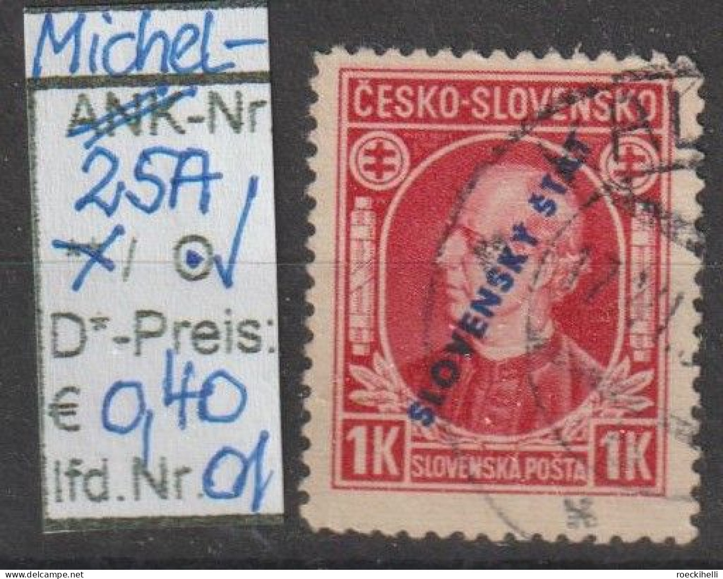 1939 - SLOWAKEI - FM/DM "Andrej Hlinka - Mit Überdruck"  1 K Karmin - O  Gestempelt - S.Scan (25Ao 01-03 Slowakei) - Oblitérés
