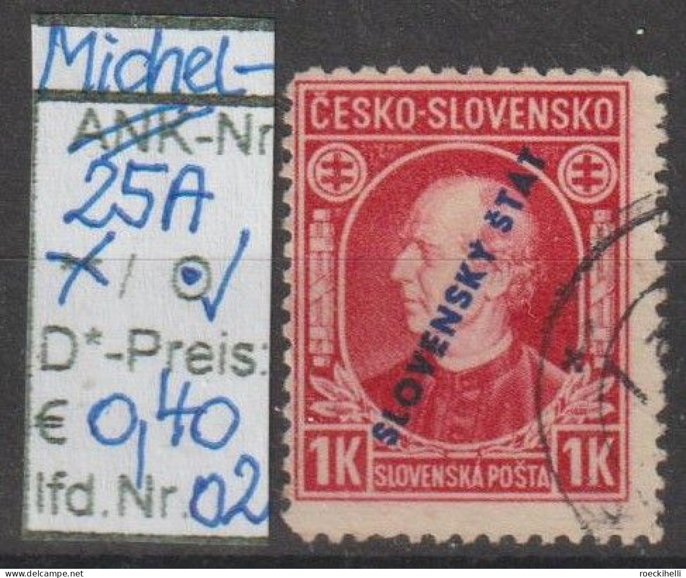 1939 - SLOWAKEI - FM/DM "Andrej Hlinka - Mit Überdruck"  1 K Karmin - O  Gestempelt - S.Scan (25Ao 01-03 Slowakei) - Gebraucht
