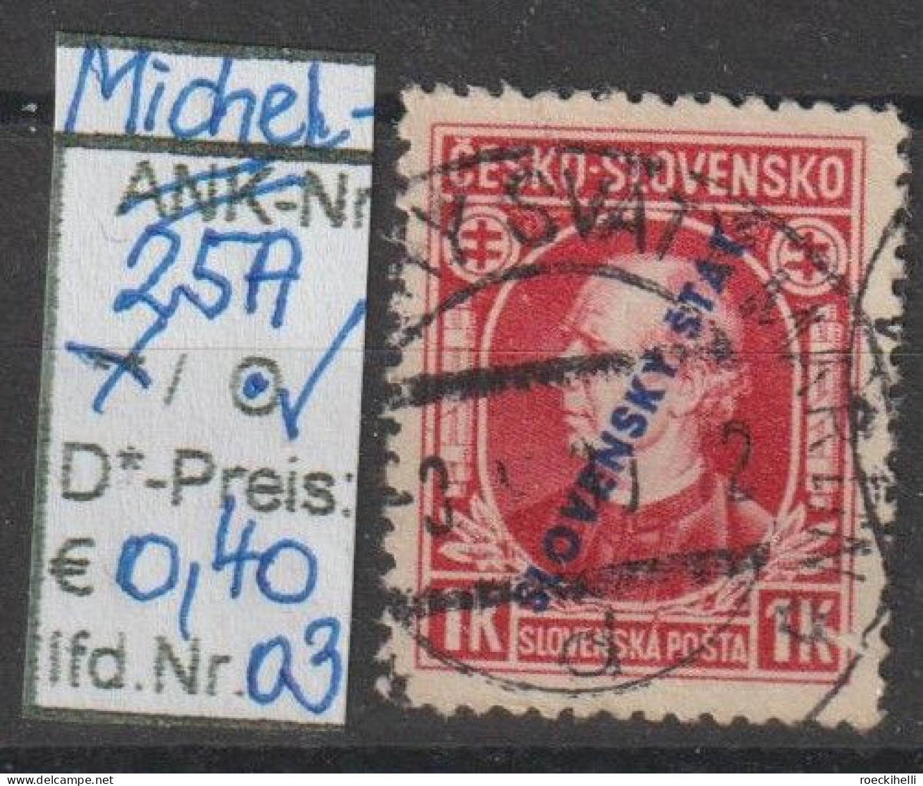 1939 - SLOWAKEI - FM/DM "Andrej Hlinka - Mit Überdruck"  1 K Karmin - O  Gestempelt - S.Scan (25Ao 01-03 Slowakei) - Used Stamps