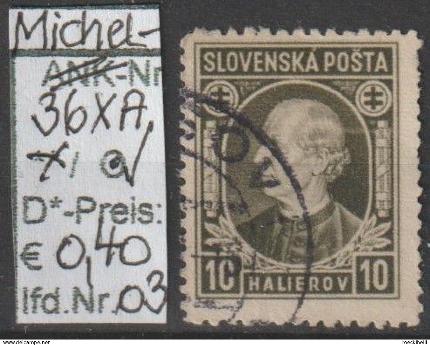 1939 - SLOWAKEI - FM/DM "Andrej Hlinka" 10 H Oliv - O  Gestempelt - S.Scan (36XAo 01-03 Slowakei) - Usati