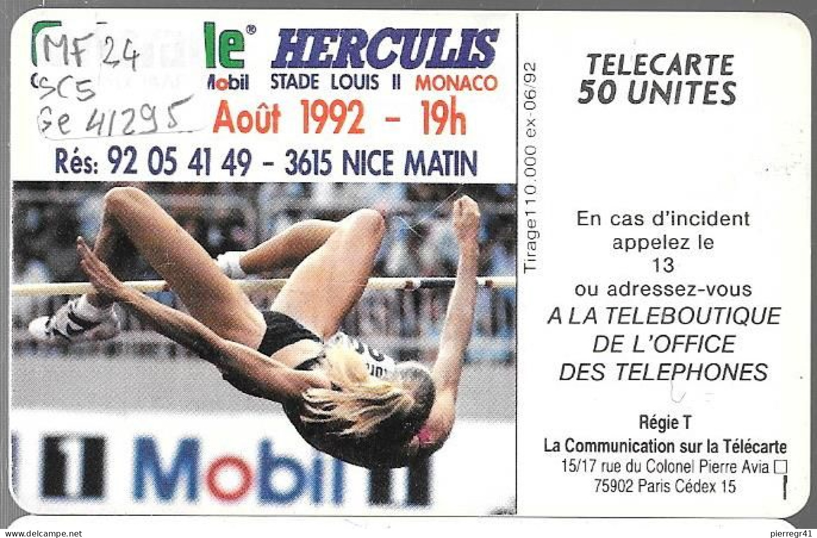 CARTE-PUCE-MONACO-50U-MF 24-SC5-HERCULIS 92-V°N°5 Ge41295-UTILISE-TBE- - Monaco