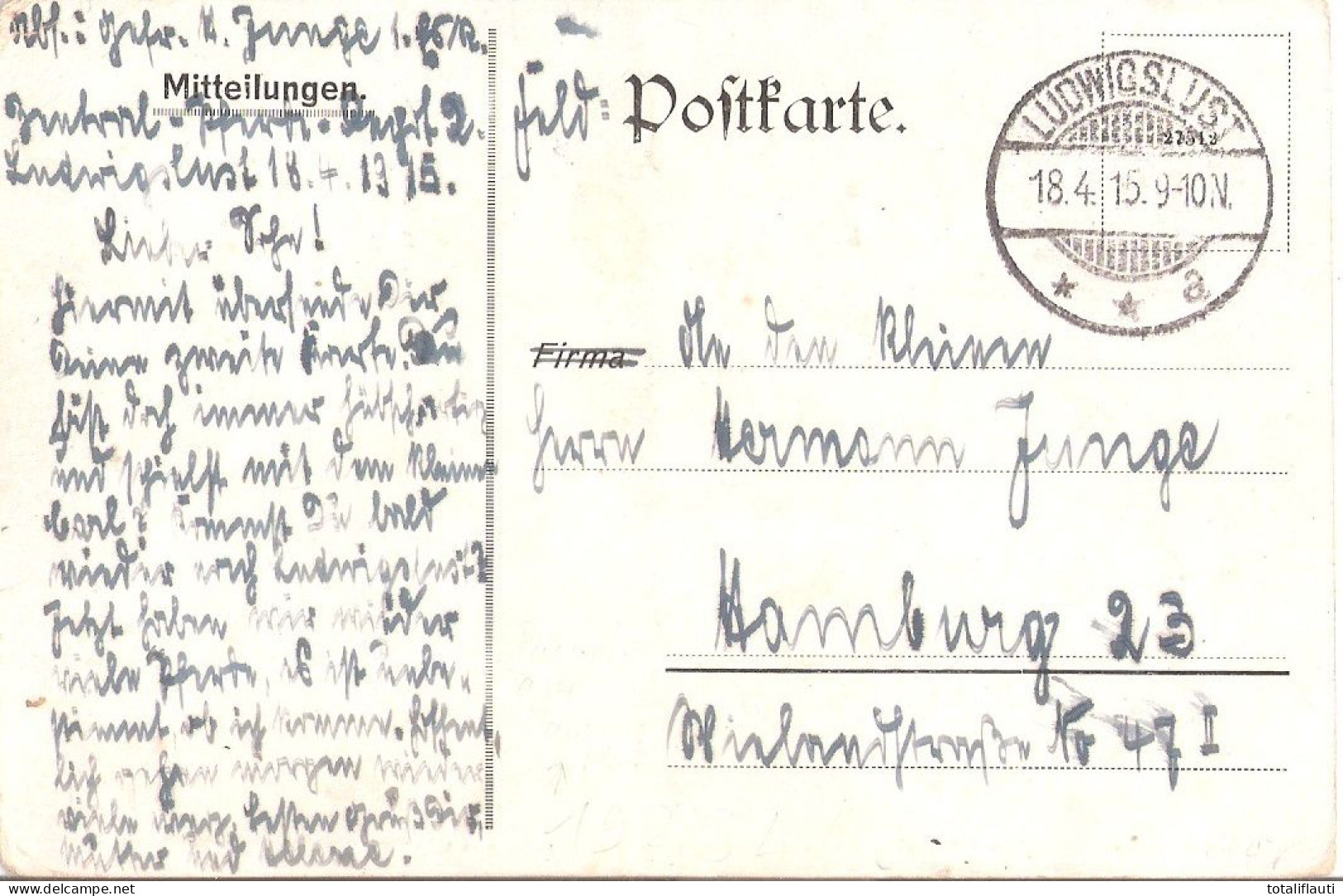 Ortsstempel LUDWIGSLUST Feldpost 18.4.1915 Abs Gefr Junge Zentral Pferde Depot 2 Lager Militär Uniformen MILOTY Belebt - Ludwigslust