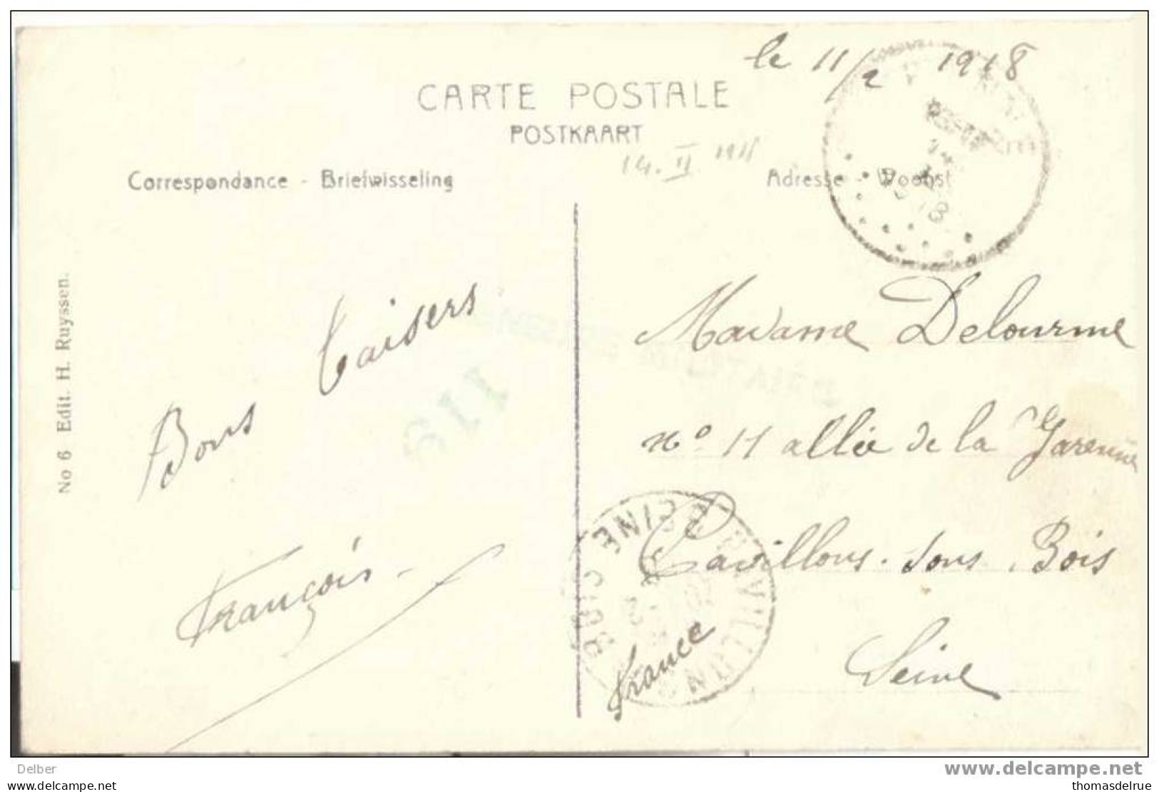 Zz161: LA PANNE Villa J'y Suis Et Ma Retraite : N°138 (niet Afgest.)+censure >> Frankrijk: 14 II 1918 - Niet-bezet Gebied