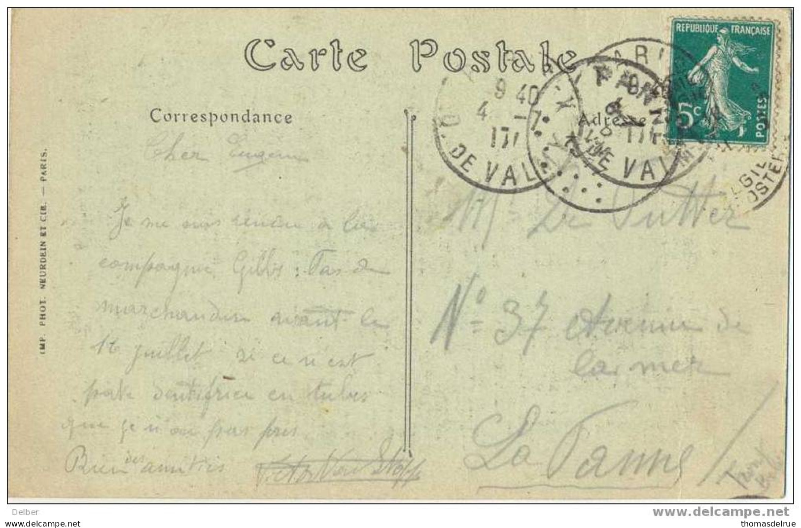 _P374 Postkaart: Paris Le Tour Eiffel - 5ct Semeuse  >>> PANNE 6 VII 1917 - Zone Non Occupée