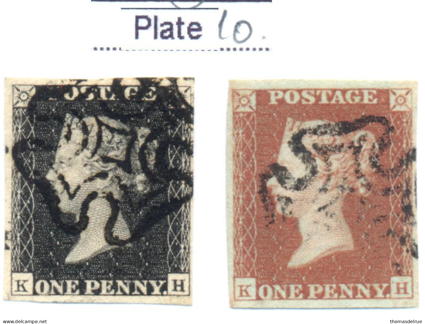 Ua814: Matched Pair: Black Penny + Red Penny :  Plate 10  : K__H - Oblitérés