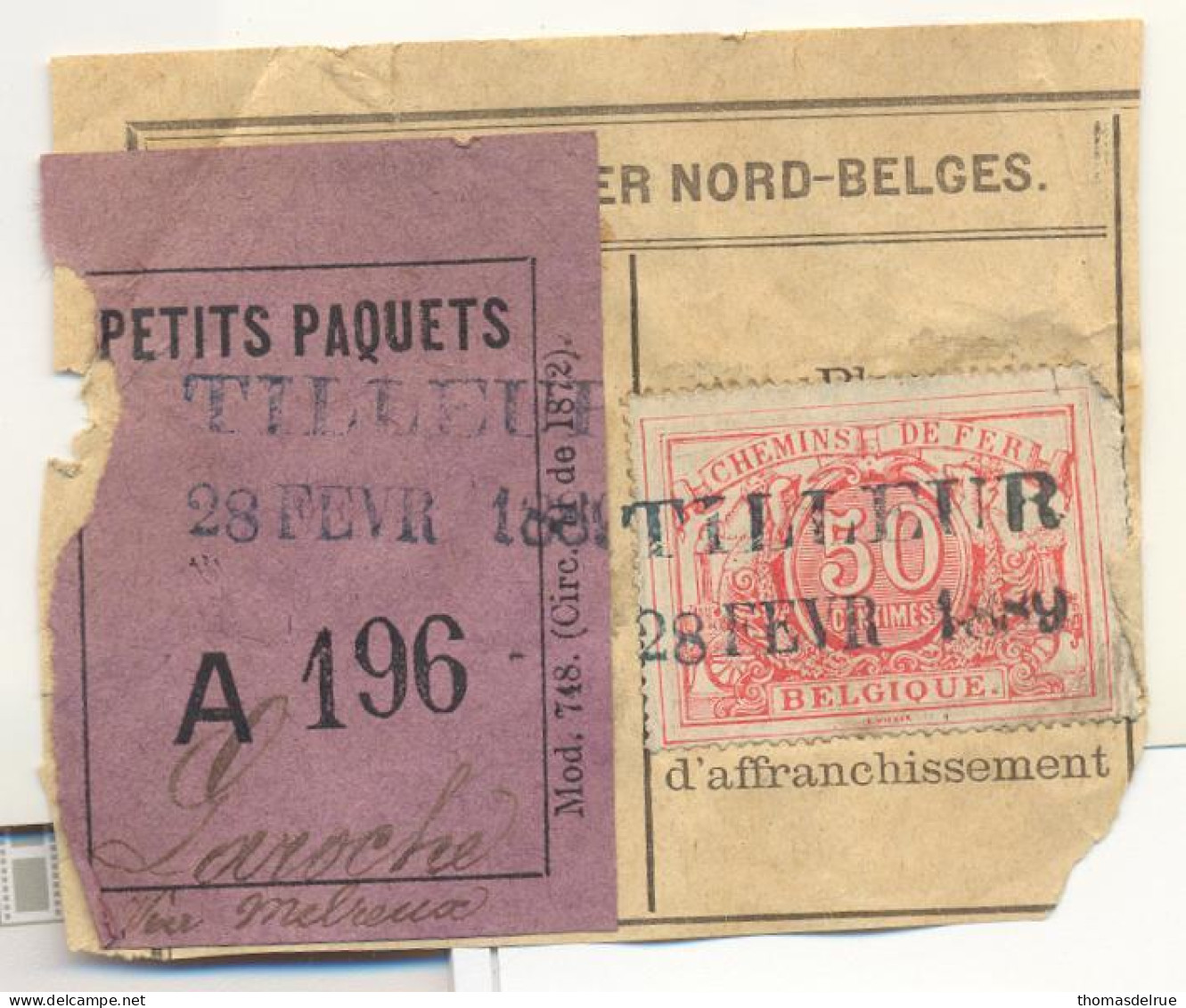 Be54: TILLEUR(= NORD BELGE ):  SP 11 Op Fragment Spoorwegdocument +  " étiquette " : - Documents & Fragments