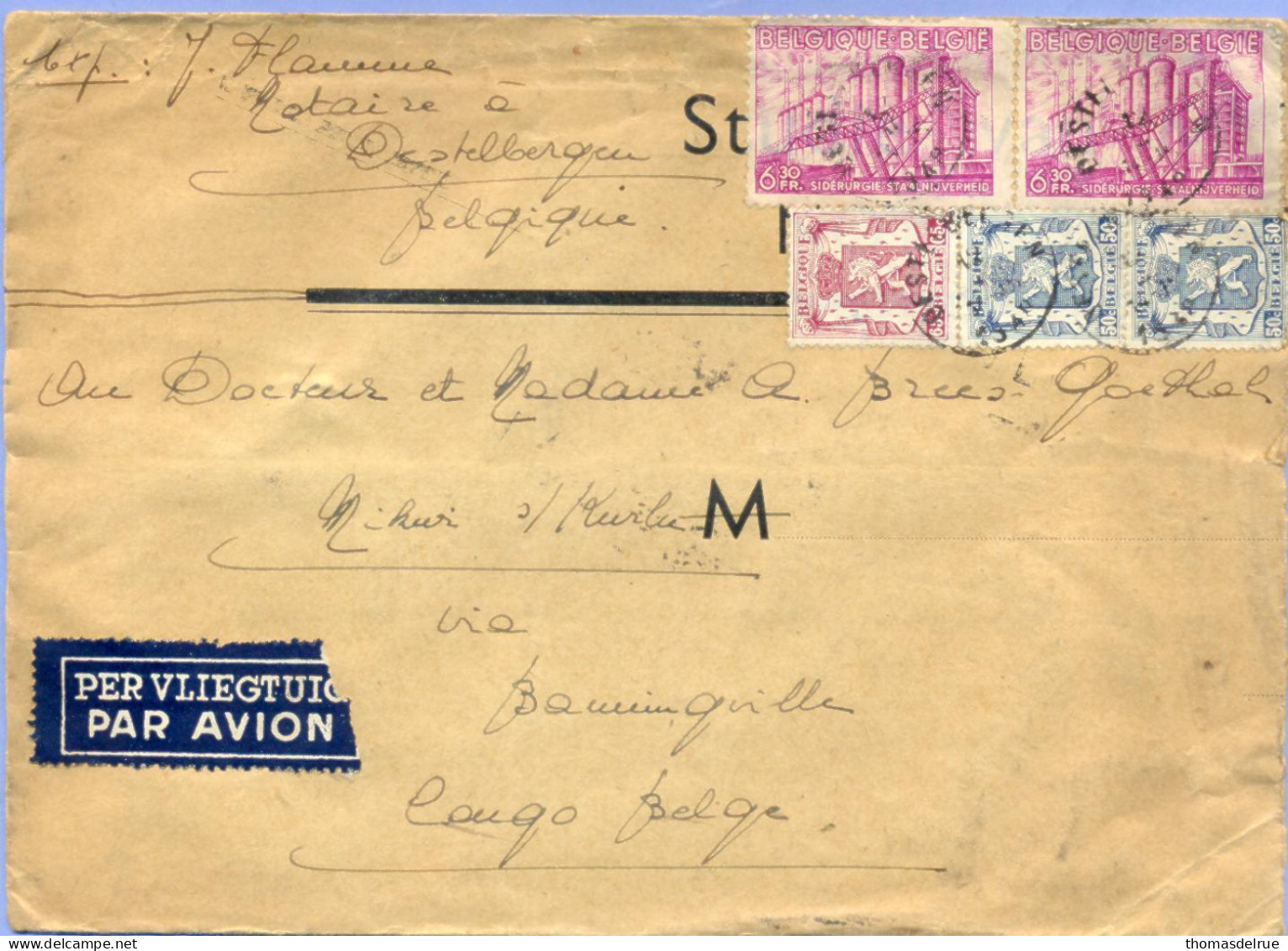 Wy982:  12.02.1948: 4 Porten Brief Per Luchtpost >> MIKWI S/KWILA : 14,25BF - 1948 Exportation