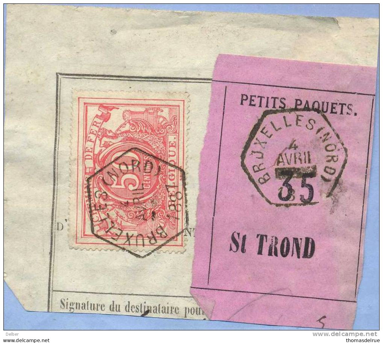 _V769: BRUXELLES(NORD):SP11/ Fragment +" étiquette " PETITS PAQUETS N° 34 & 35 Type Bb:  4 AVRIL ---- 1887 >  St TROND - Documents & Fragments