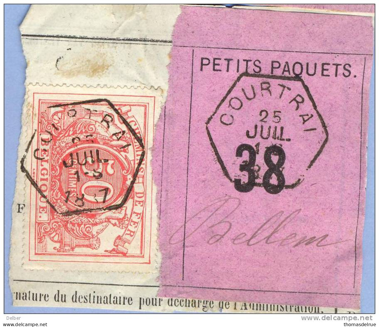 _V710:COUTRAI > Bellem:  SP11/ Fragment Met " étiquette " PETITS PAQUETS: N° 38: Type B: - Documenten & Fragmenten