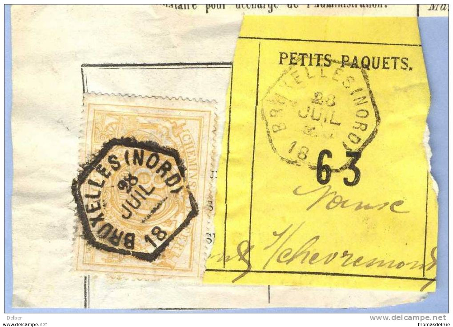 _V757:  BRUXELLES(NORD) > Vaux S/ Chevremont: SP12/ Fragment Met " étiquette " PETITS PAQUETS: N° 63 Type Bb: - Dokumente & Fragmente