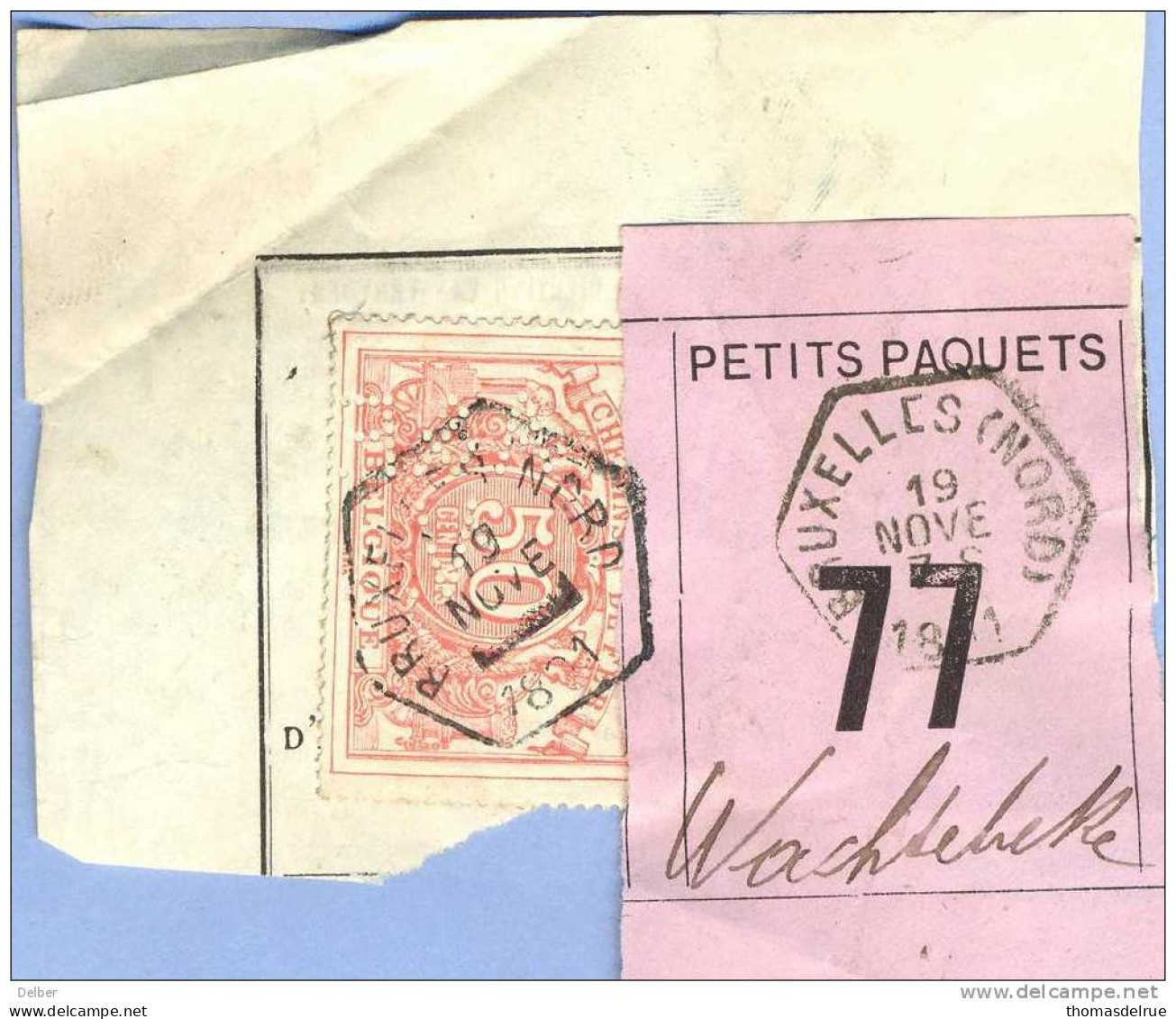 _V735:SP11/perfo: A&F./ V.: Fragment Met Vignet PETITS PAQUETS:N°77:Type Bb:BRUXELLES-NORD &Type B>Wachtebeke - Unclassified