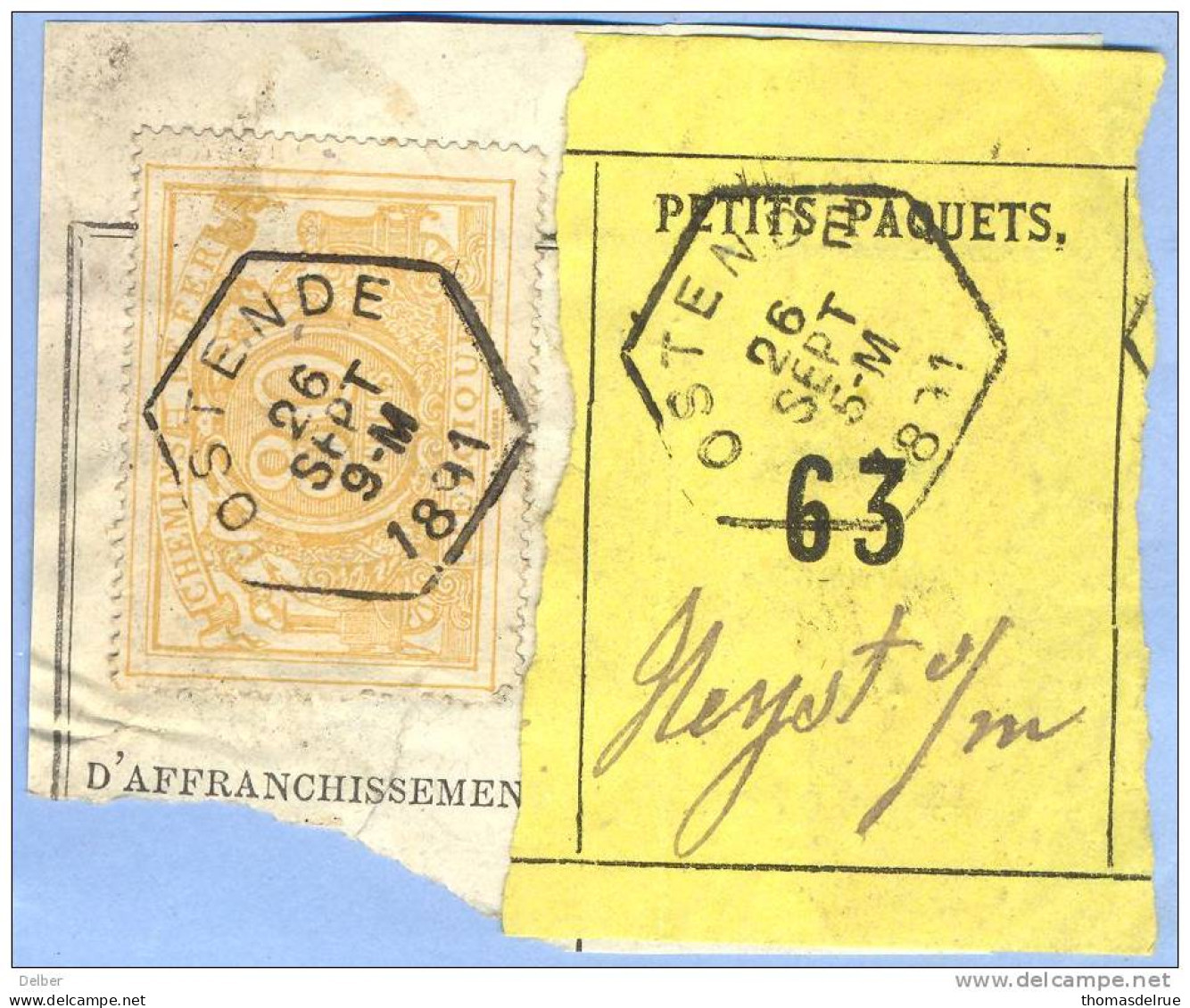 _V783: OSTENDE> Heyst S/Mer: SP12/ Fragment Met " étiquette " PETITS PAQUETS:N°63 :Type B: - Documenten & Fragmenten