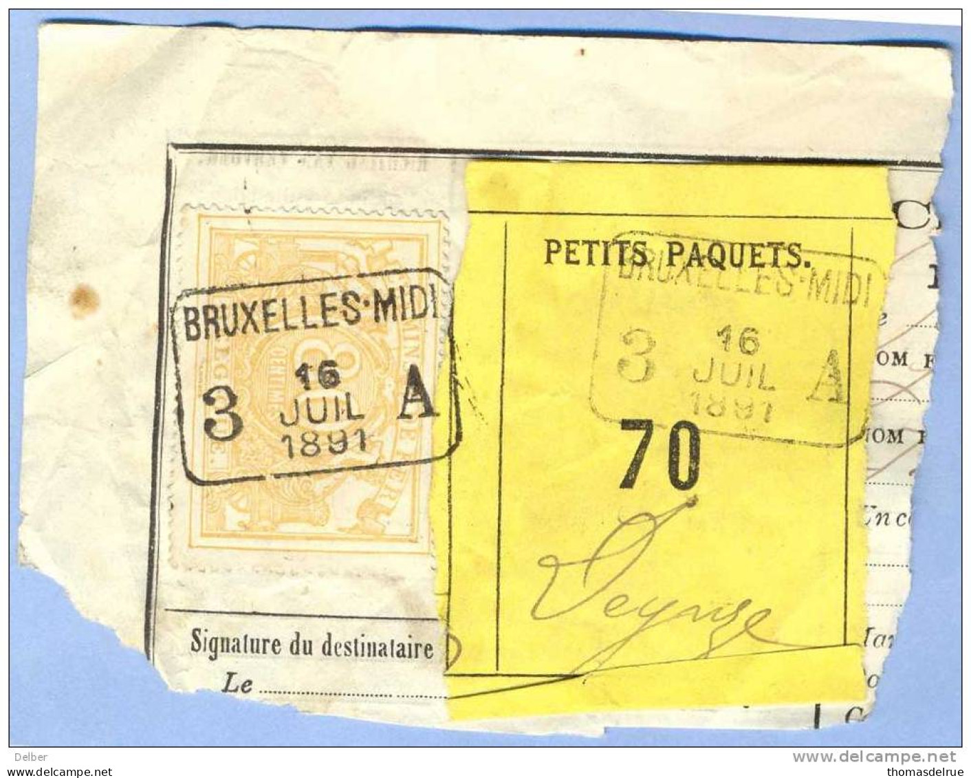 _V856: BRUXELLES-MIDI 3 __A  16 JUIL 1891  >  Deynze: SP12/ Fragment Met  " étiquette " : PETITS PAQUETS:70: - Documents & Fragments