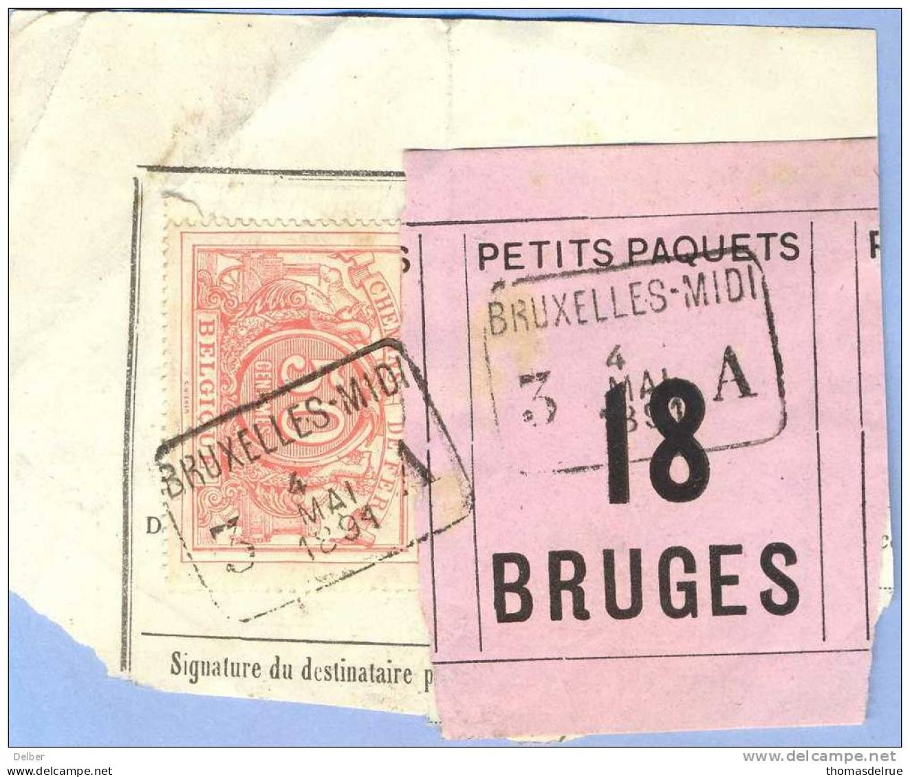 _V854: BRUXELLES-MIDI 3 __A  4 MAI 1891  >  BRUGES  - 3: Plat & Recht: SP11/ Fragment Met  " étiquette: PETITS PAQUETS:1 - Documenten & Fragmenten