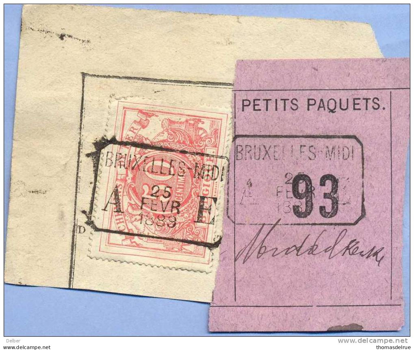 _V884: BRUXELLES-MIDI  A__E   25 FEVR 1889 > Middelkerke: SP11/ Fragment Met  " étiquette "  PETITS PAQUETS : N° 93: - Documenten & Fragmenten