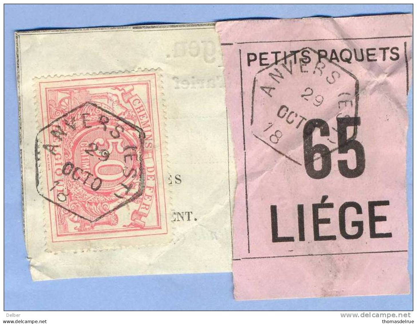 _V915:  ANVERS(EST)  > LIEGE: SP11/ Fragment PETITS PAQUETS Met  " étiquette " : N° 65 : Type Be_J2: - Documents & Fragments