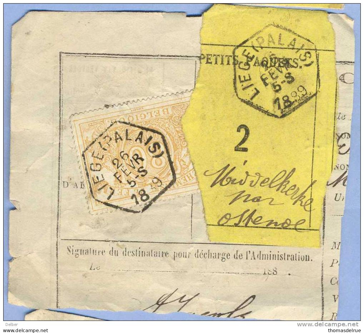 _V956:  LIEGE(PALAIS) >Middelkerke Par Ostende-Expresse: SP12/ Fragment PETITS PAQUETS Met " étiquette " : N° 2 : Type B - Documenten & Fragmenten