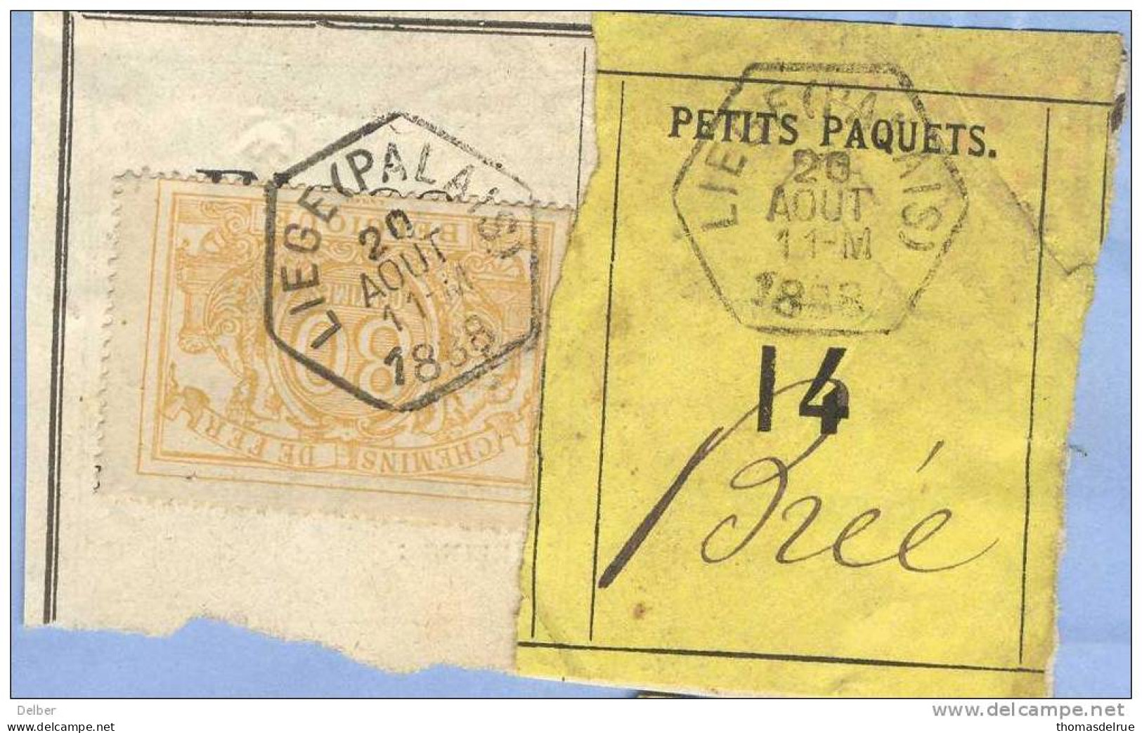 _V957: LIEGE(PALAIS)  > Brée - Expresse:  SP12/ Fragment PETITS PAQUETS Met  " étiquette " : N° 14 : Type B: - Documenti & Frammenti