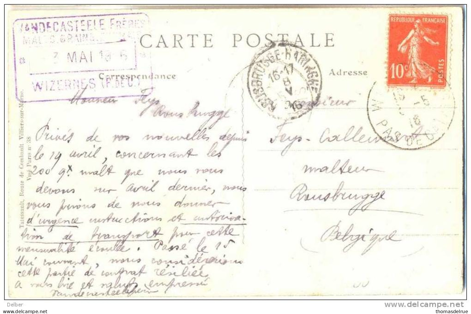 _G981: Carte Postale38-HALINNES -L'Eglise: 10c Sem. > Rousbrugge - AK: ROUSBRUGGE-HARINGHE 8 V 16: BIER - BROUWERIJ - Zone Non Occupée