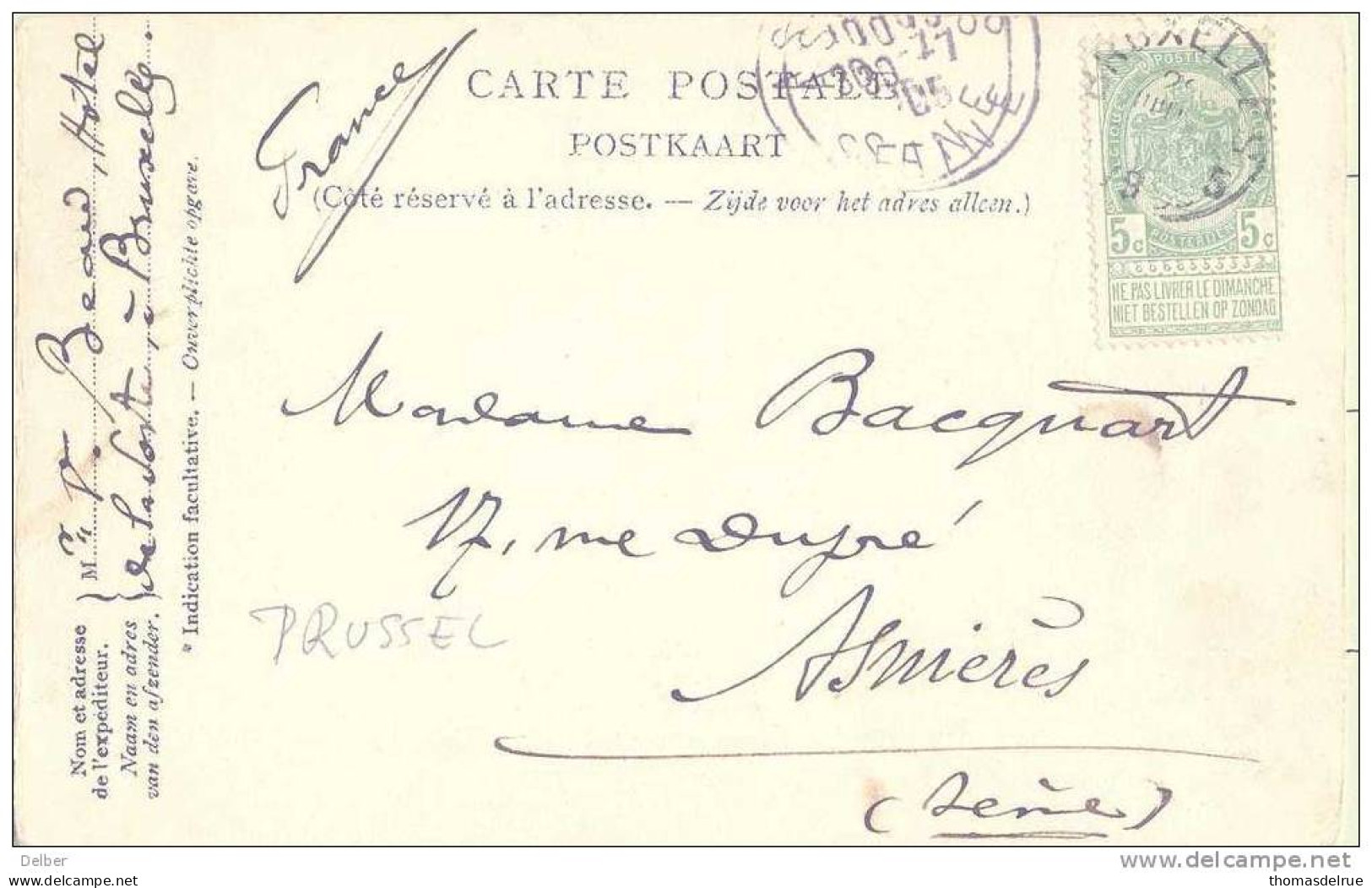 _ik713: BRUXELLES .- Quai Au Foin. - Théâtre Flamand : Verstuurd > Frankrijk...aanvaard Als Drukwerk: 5ct  1905 - Maritime