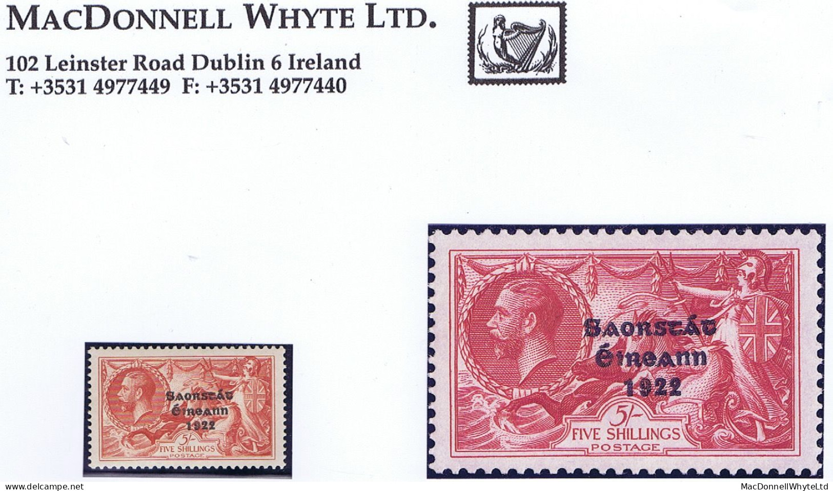 Ireland 1935 Saorstat 3-line Re-engraved Seahorses, 5s Fresh Well Centred Mint Hinged - Unused Stamps