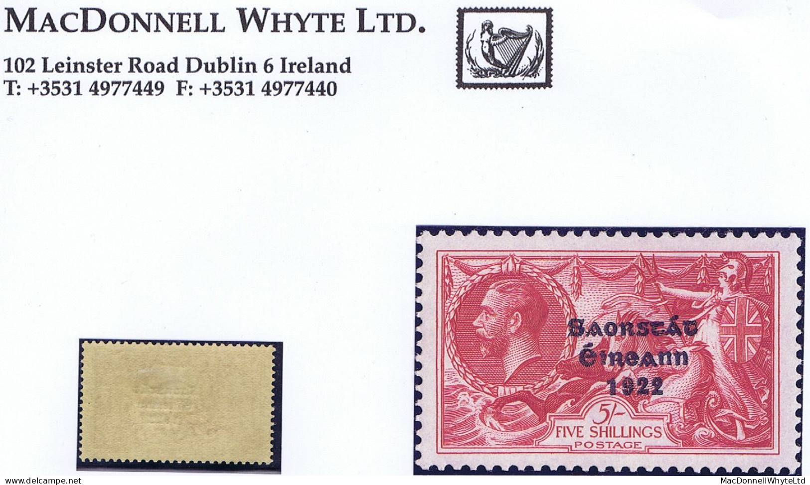 Ireland 1935 Saorstat 3-line Re-engraved Seahorses, 5s Fresh Well Centred Mint Hinged - Unused Stamps