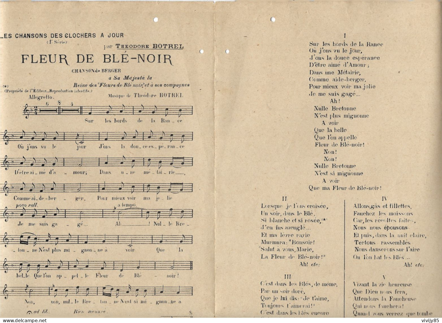 Belle  Partition Musicale De Théodore Botrel " Fleur De Blé Noir " - Compositori Di Musica Di Cinema