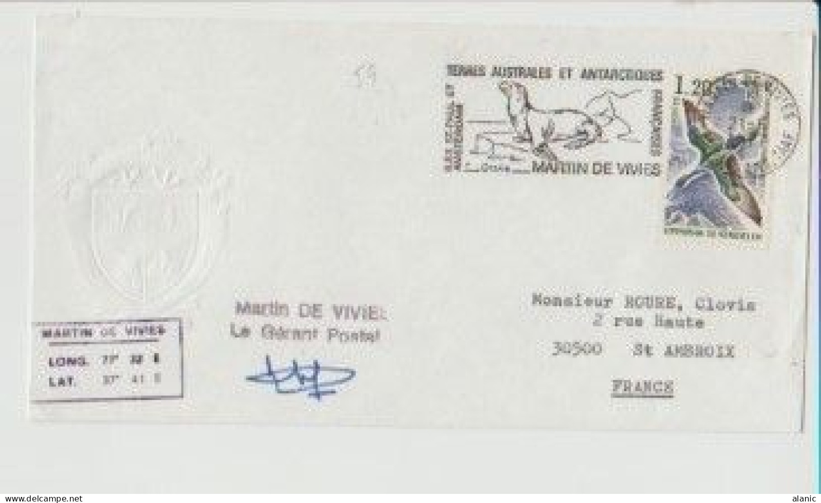 TAAF SUR LETTRE N°59 -ILES ST PAUL ET AMSTERDAM /MARTIN DE VIVIES Pour St AMBROIS 21-6-1977 Avec Signature - Storia Postale