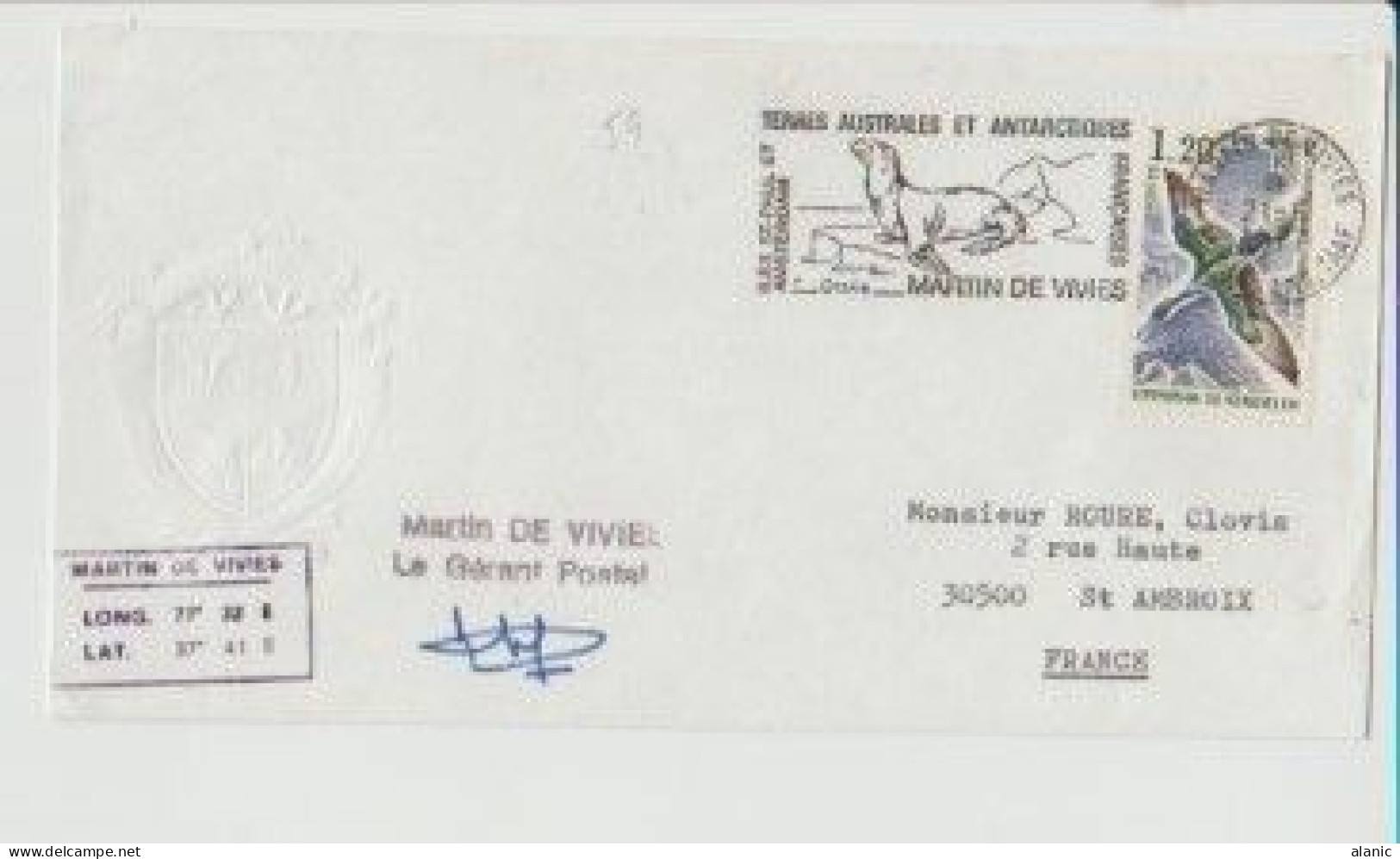 TAAF SUR LETTRE N°59 -ILES ST PAUL ET AMSTERDAM /MARTIN DE VIVIES Pour St AMBROIS 21-6-1977 Avec Signature - Briefe U. Dokumente