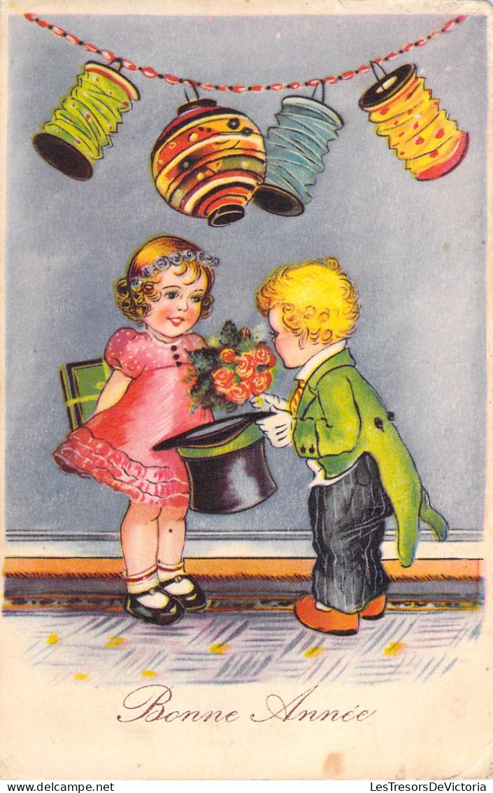 FANTAISIE - Bonne Année - Nouvel An - Enfants Sous Des Guirlandes Guinguette  - Carte Postale Ancienne - Año Nuevo