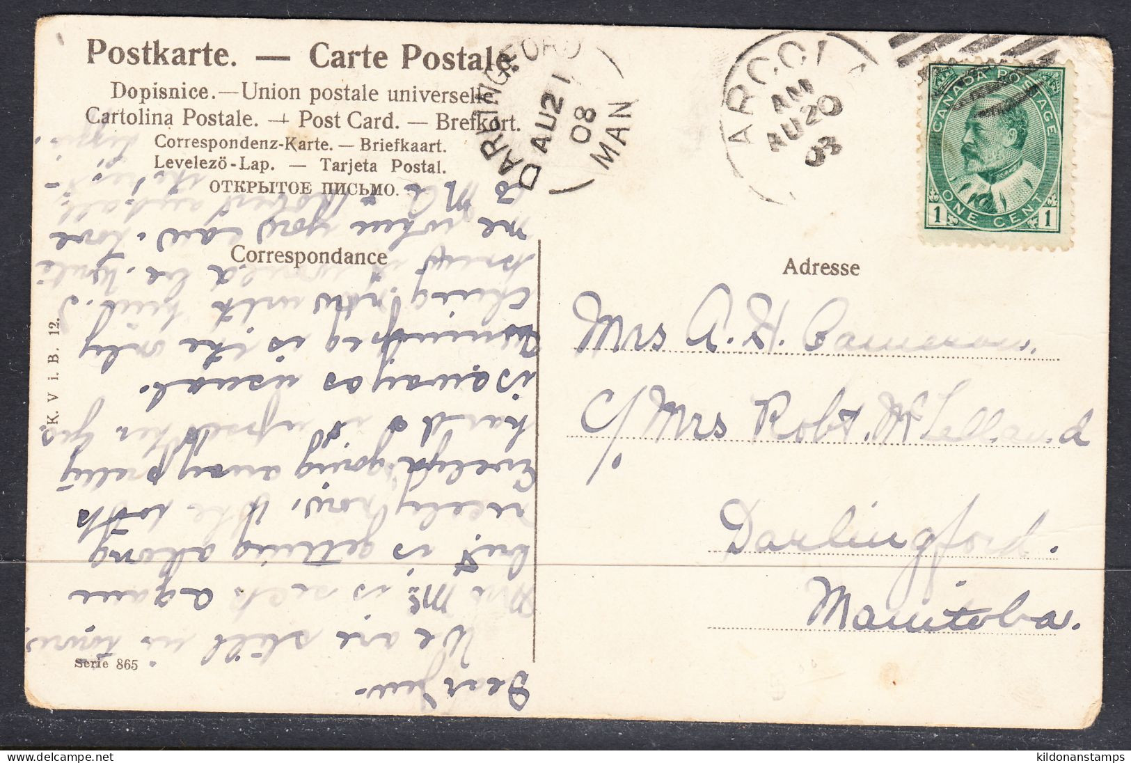 Canada Cover, Darlingford Manitoba, Aug 21 1908, A1 Broken Circle Postmark, From Arcola SK - Cartas & Documentos