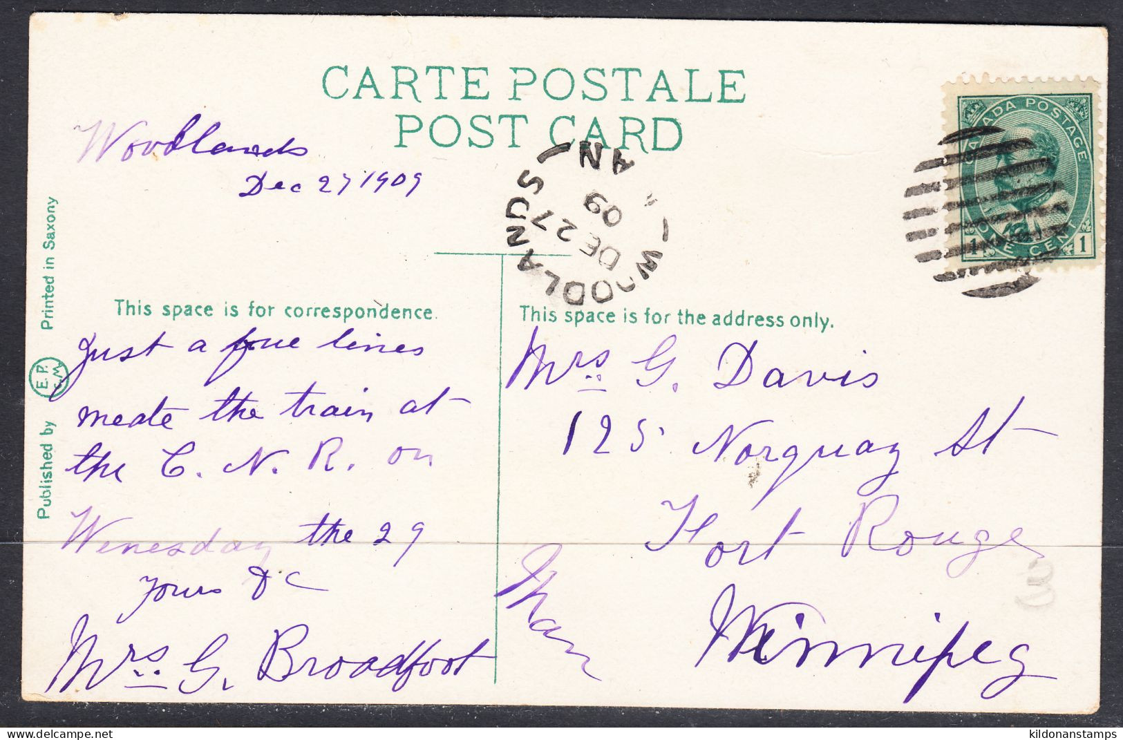 Canada Cover, Woodlands Manitoba, Dec 27 1909, A1 Broken Circle Postmark, To Winnipeg MB - Covers & Documents