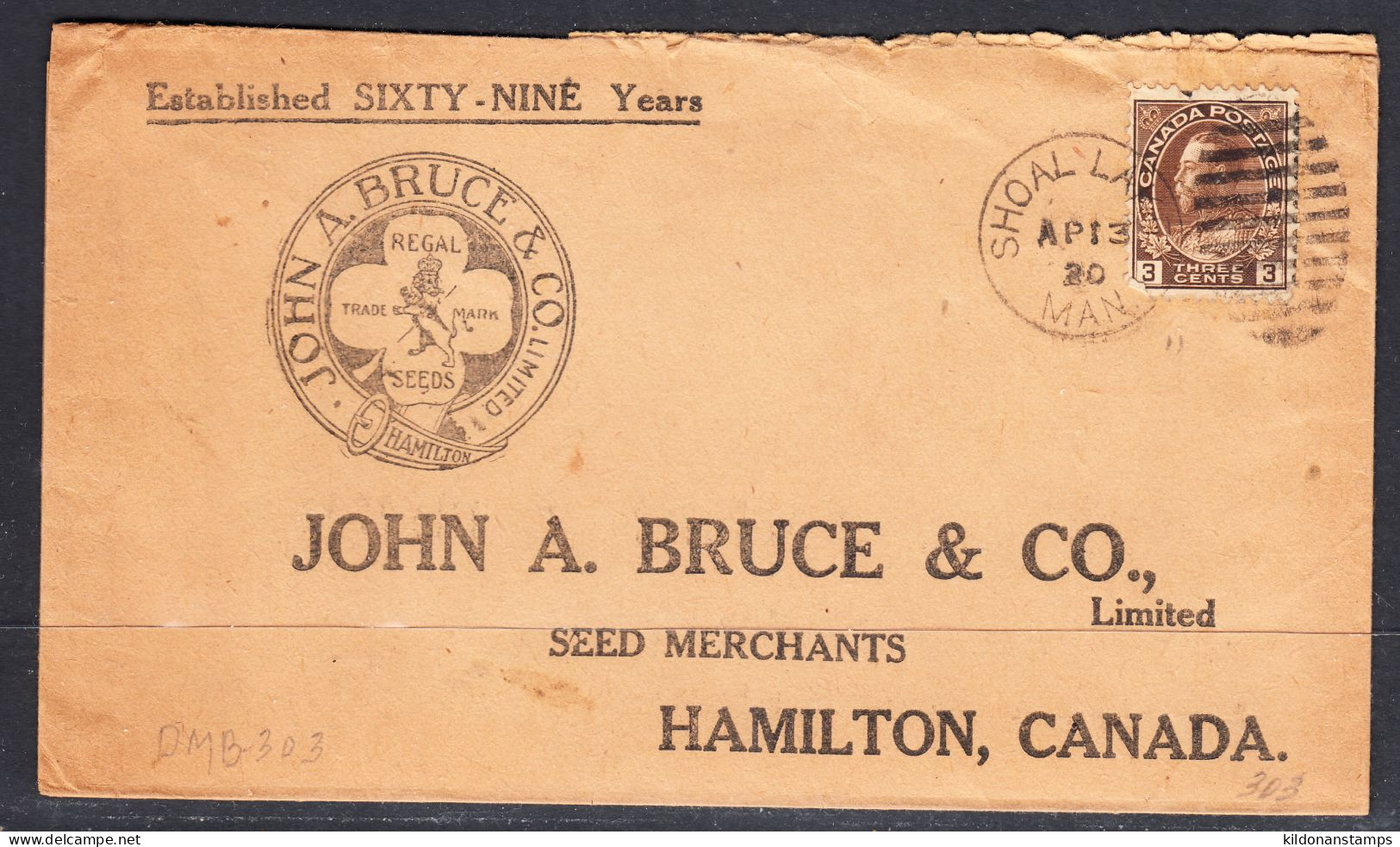 Canada Cover, Shoal Lake Manitoba, Apr 13 1920, Duplex Cancel, To John A. Bruce Seed Co. Hamilton ON - Lettres & Documents