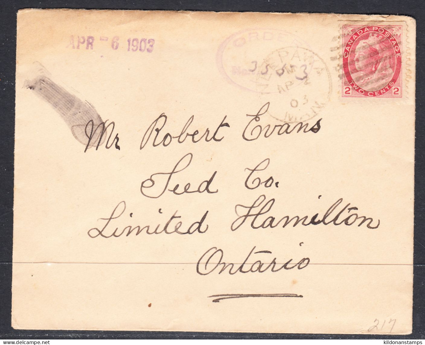 Canada Cover, Neepawa Manitoba, Apr 2 1903, To Robert Evans Seed Co. Hamilton ON - Cartas & Documentos