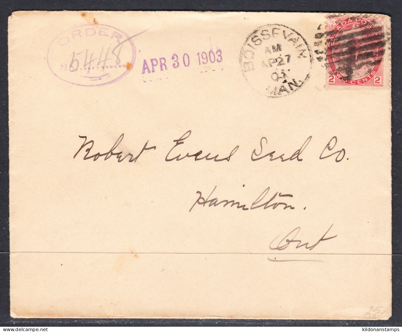 Canada Cover, Boissevain MB, Apr 27 1903, Duplex Postmark, To Robert Evans Seed Co. Hamilton ON - Cartas & Documentos