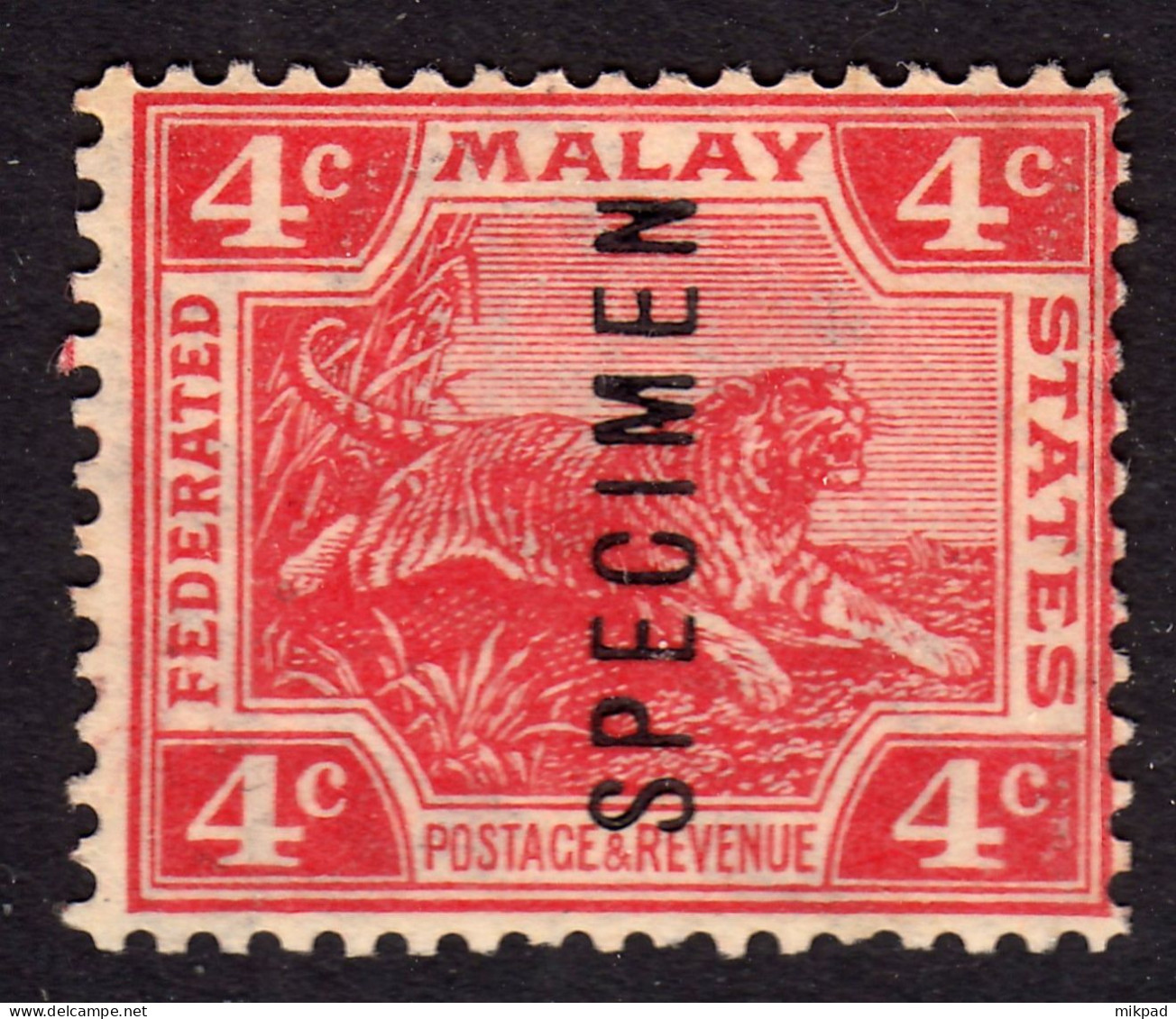 FMS 1923 4c Carmine Red Specimen SG59S Unmounted Mint - Federated Malay States