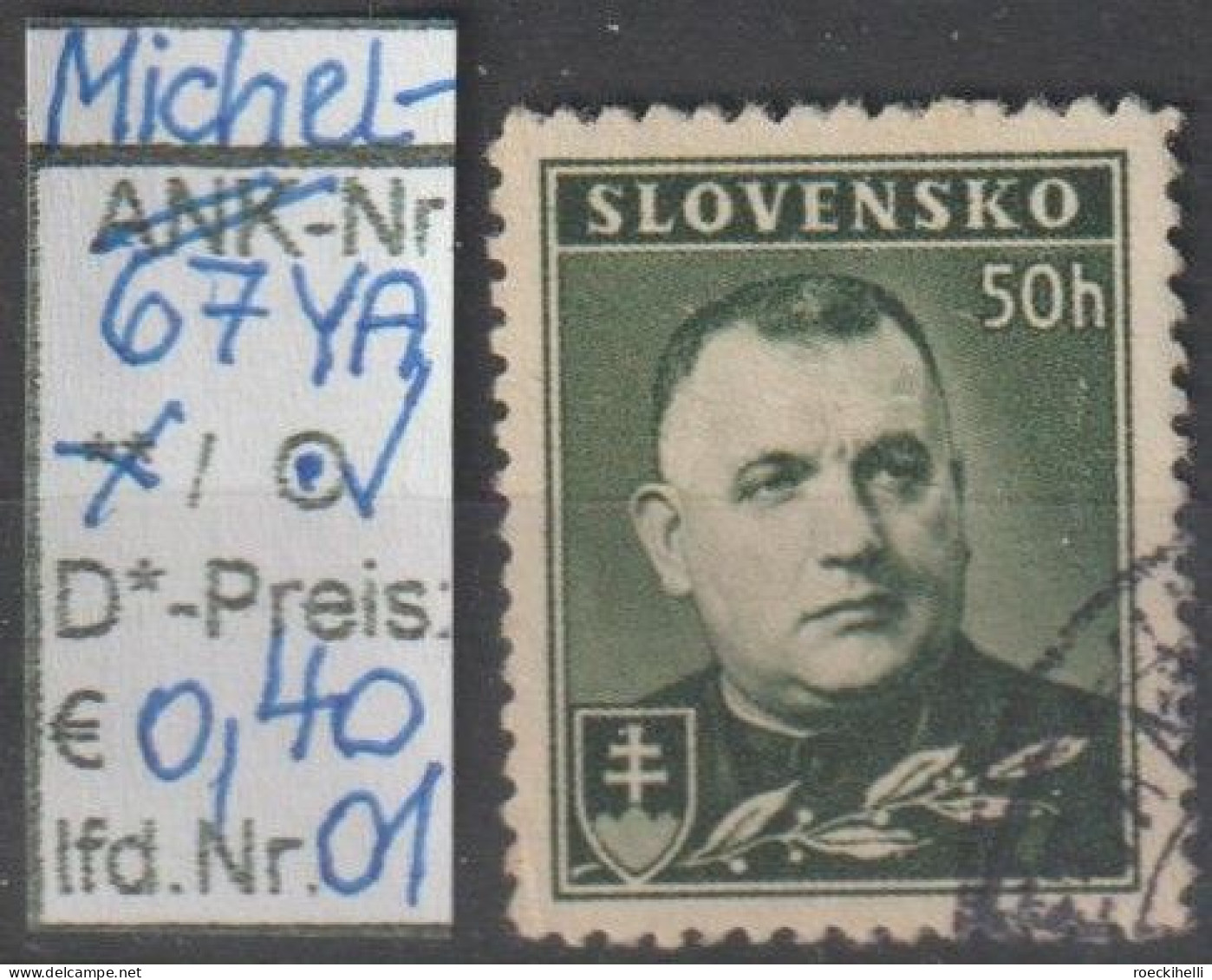 1939 - SLOWAKEI - FM/DM "Präsident Tiso" 50 H Dkl'olivgrün - O  Gestempelt - S.Scan (67YAo 01-03 Slowakei) - Used Stamps