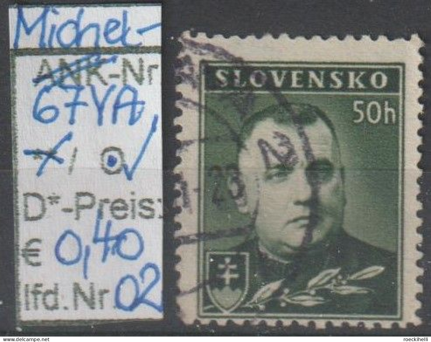 1939 - SLOWAKEI - FM/DM "Präsident Tiso" 50 H Dkl'olivgrün - O  Gestempelt - S.Scan (67YAo 01-03 Slowakei) - Used Stamps