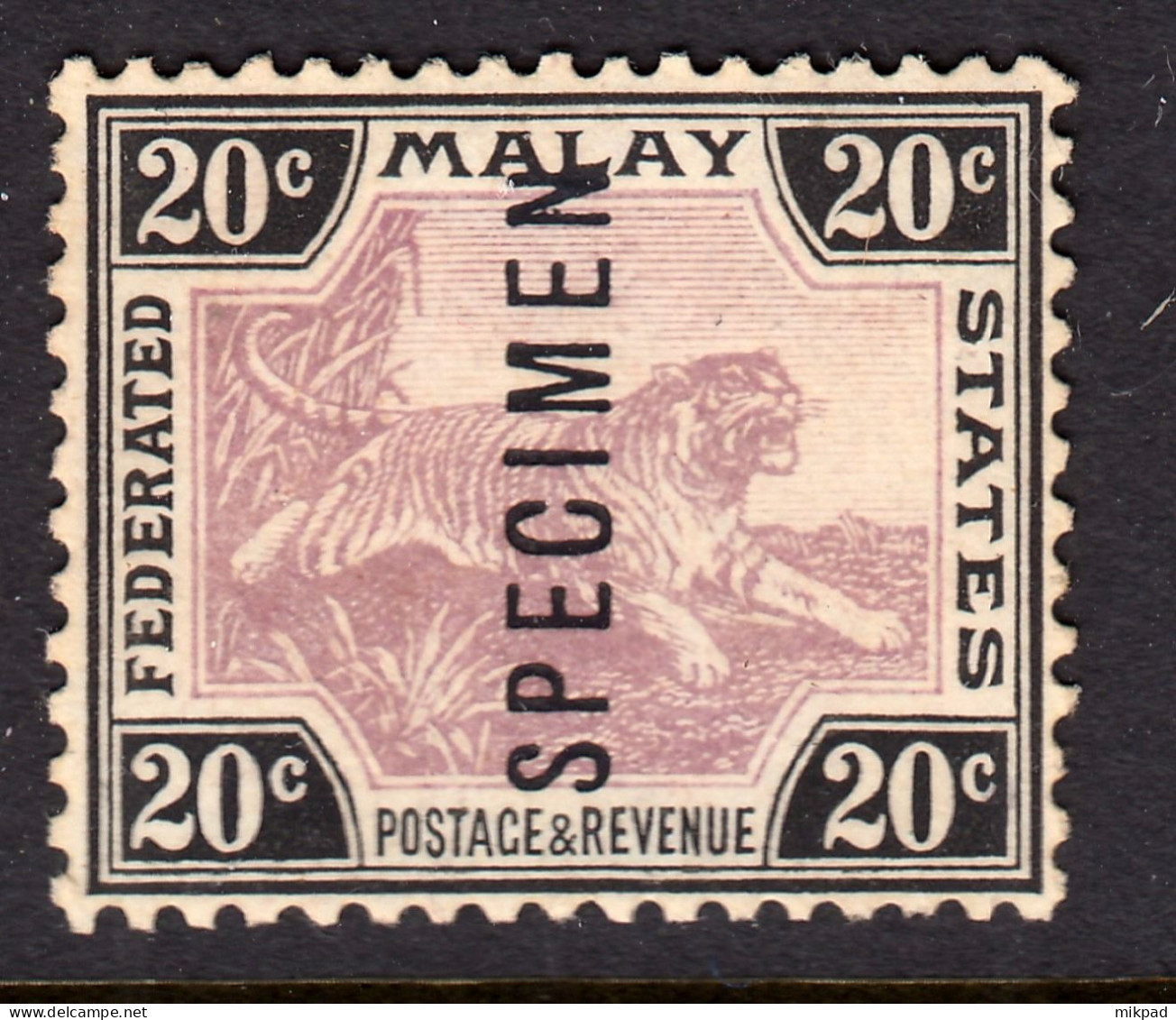 FMS 1923 20c Purple & Black Specimen SG69S Unmounted Mint - Federated Malay States