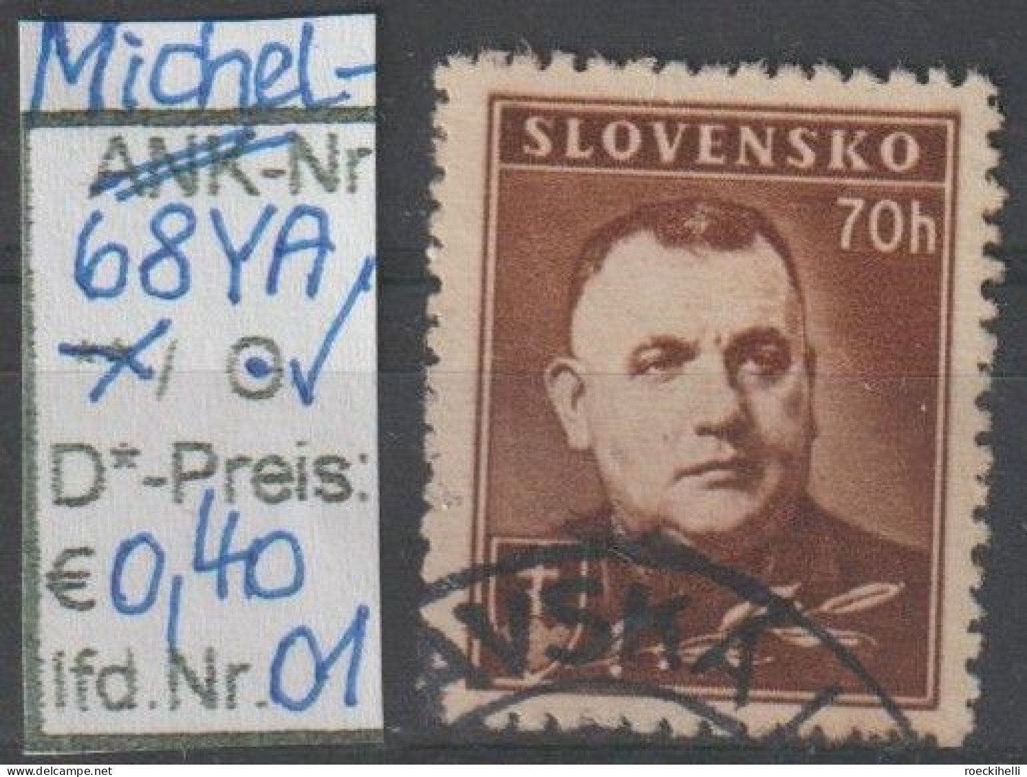 1939 - SLOWAKEI - FM/DM "Präsident Tiso" 70 H Dkl'braun - O  Gestempelt - S.Scan (68YAo 01-03 Slowakei) - Used Stamps