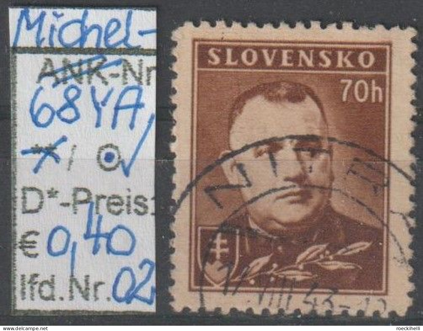 1939 - SLOWAKEI - FM/DM "Präsident Tiso" 70 H Dkl'braun - O  Gestempelt - S.Scan (68YAo 01-03 Slowakei) - Used Stamps