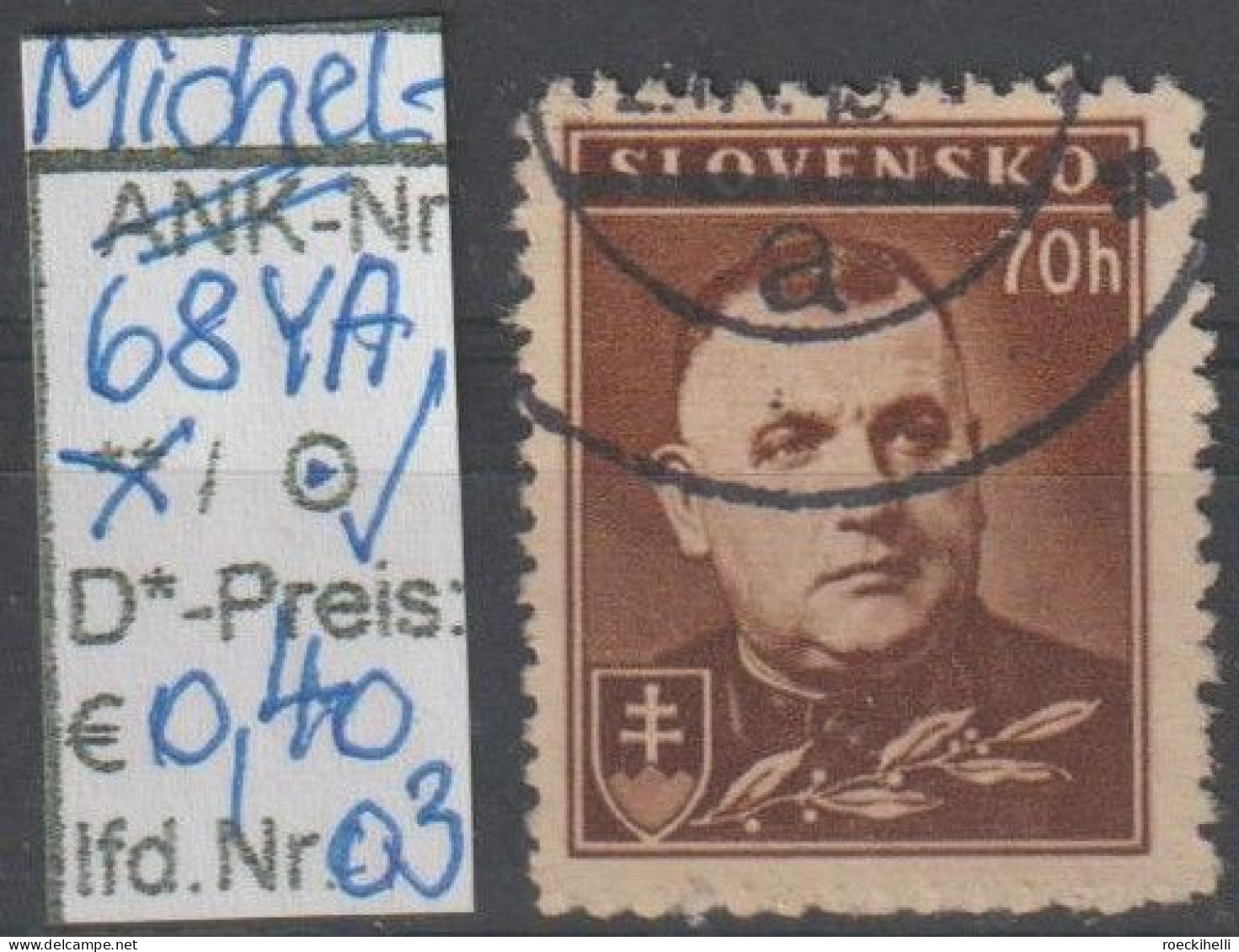 1939 - SLOWAKEI - FM/DM "Präsident Tiso" 70 H Dkl'braun - O  Gestempelt - S.Scan (68YAo 01-03 Slowakei) - Used Stamps