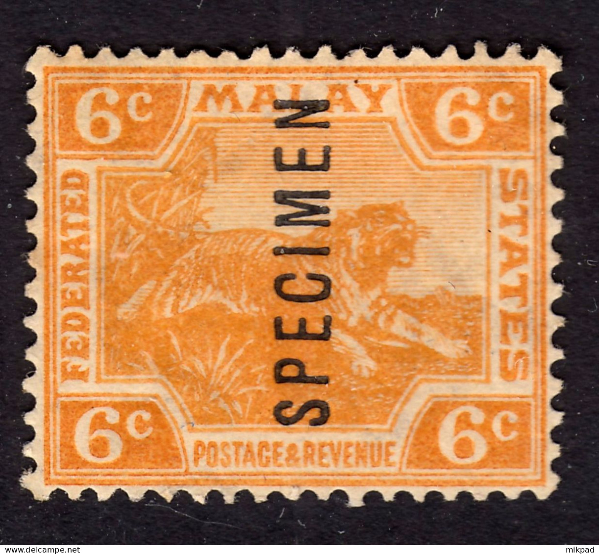 FMS 1922 6c Orange Specimen SG63S Mint Previously Very Lightly Hinged - Federated Malay States