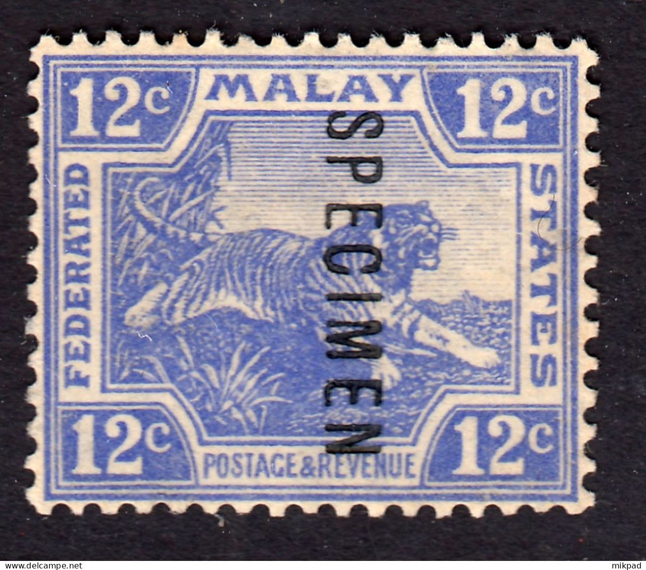 FMS 1922 12c Ultramarine Specimen SG68S Mint Previously Very Lightly Hinged - Federated Malay States