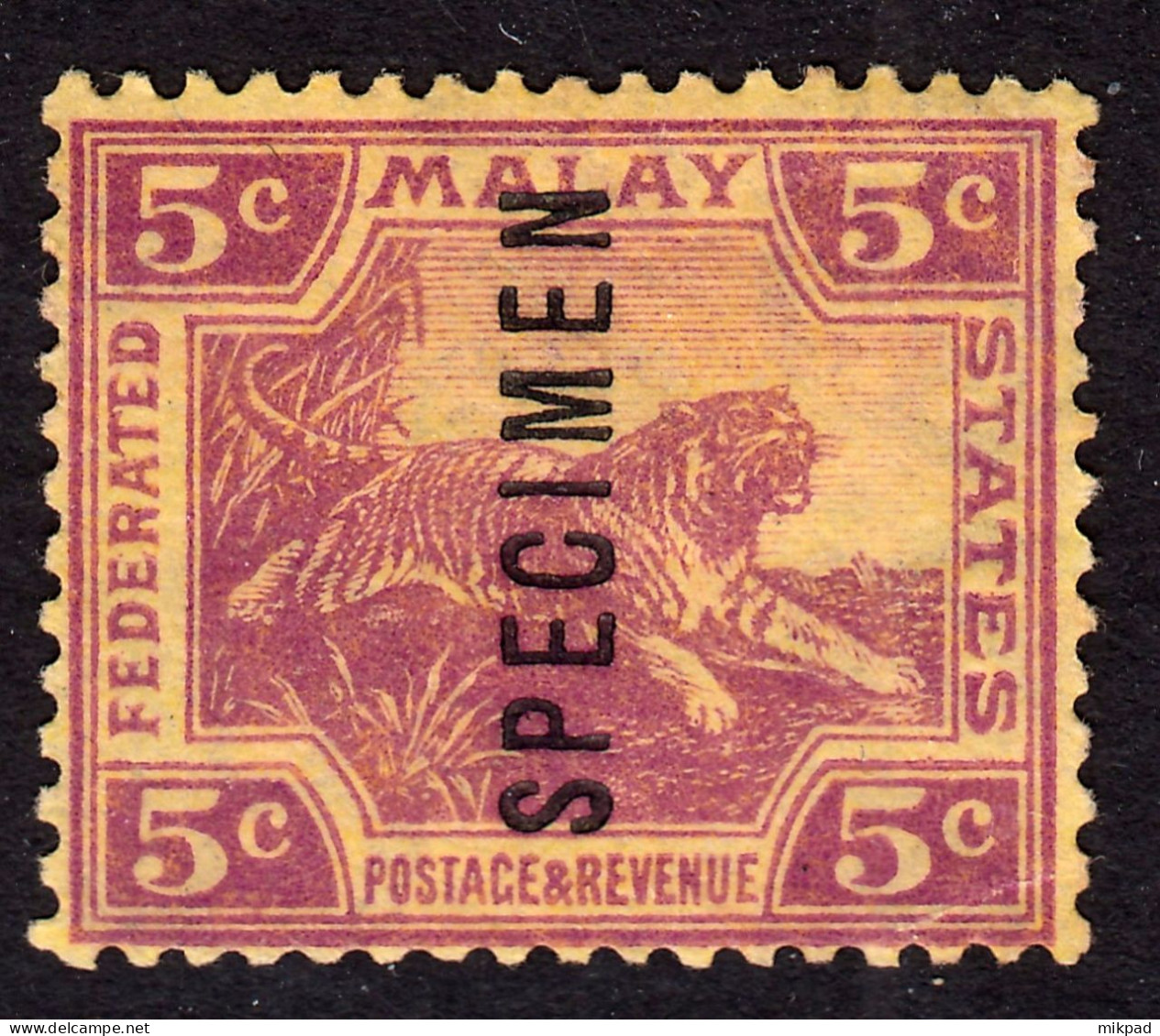 FMS 1922 5c Mauve/yellow Specimen SG61S Mint Previously Lightly Hinged - Federated Malay States