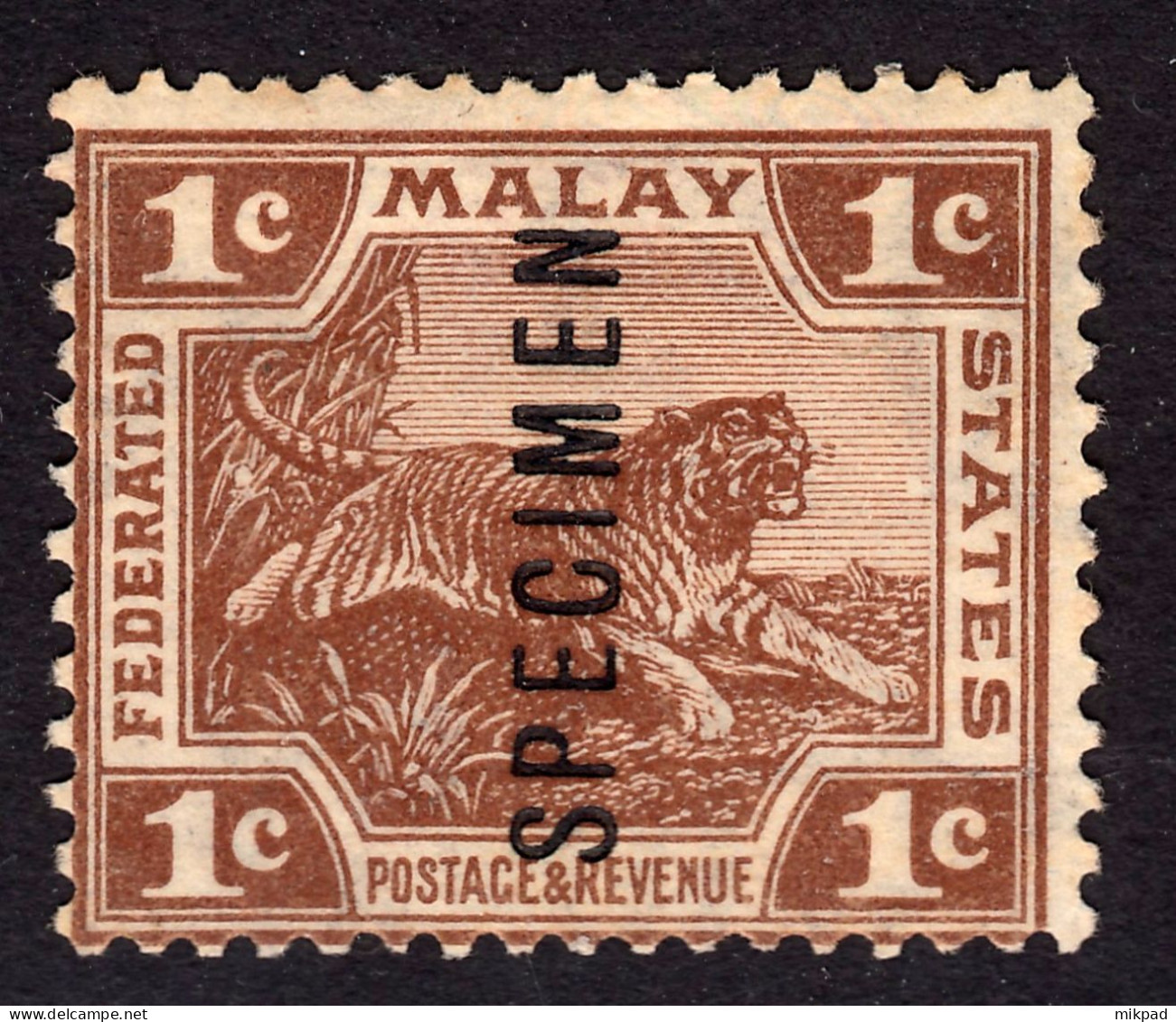 FMS 1922 1c Brown Specimen SG52S Mint Previously Lightly Hinged - Federated Malay States